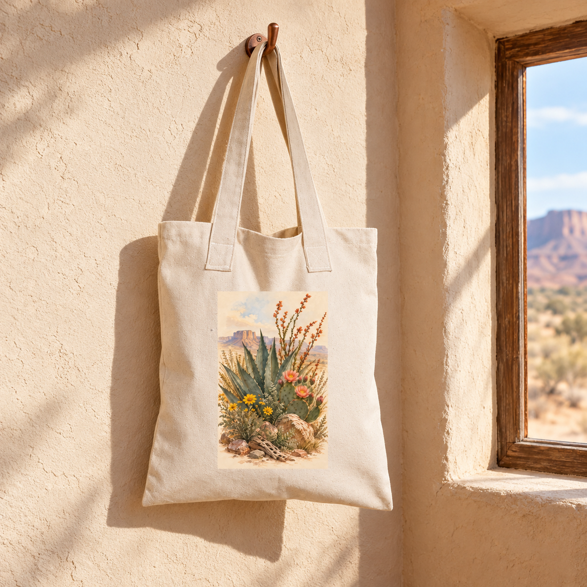 The Gathered From the Desert Tote Bag | Sage & Stone by Mirabilia Boutique hangs on a wall hook beside a sunny window, with desert scenery outside.