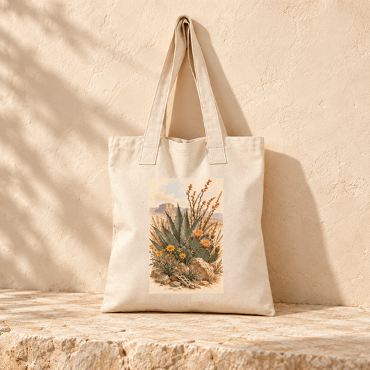 The Gathered From the Desert Tote Bag | Sage & Stone by Mirabilia Boutique, featuring vibrant agave art, rests on a stone bench against a beige wall in warm sunlight.