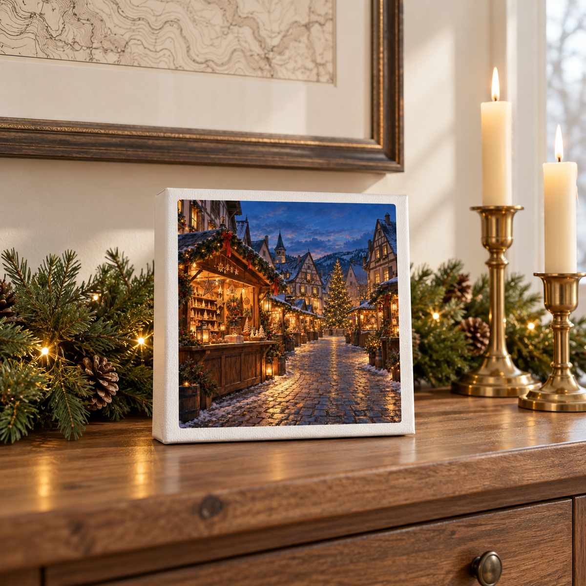 An Evening to Wander Canvas | German Christmas Market displayed on a wooden surface between two lit candles and greenery.