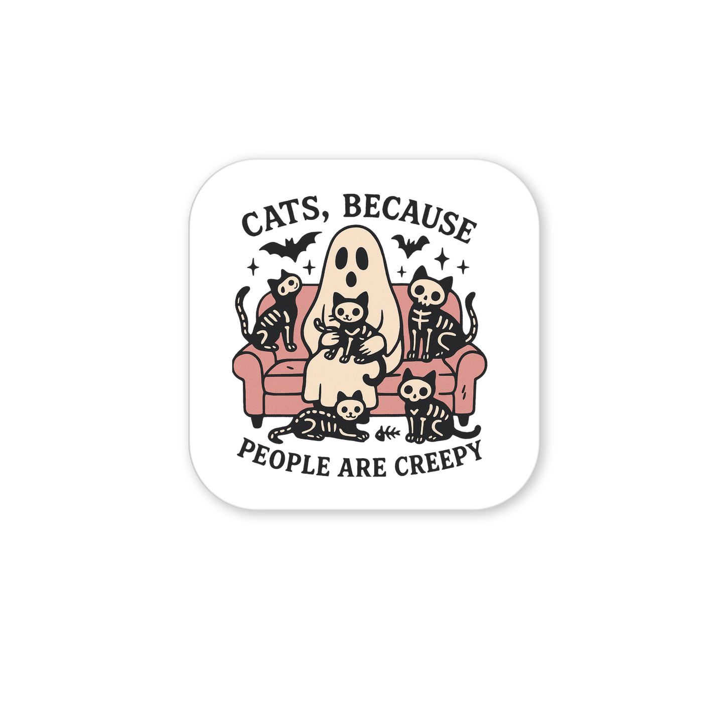 The Funny Ghost Cat Magnet by Mirabilia Boutique features a cartoon ghost on a pink couch with four skeleton cats and two bats. The text says, “Cats, because people are creepy.” A spooky cute Halloween magnet for your fridge or locker.
