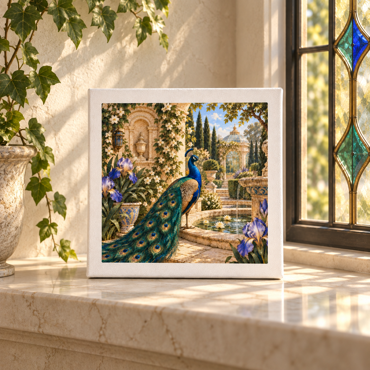 The Afternoon in the Peacock Garden Canvas from the Gilded Reverie collection by Mirabilia Boutique is showcased on a sunlit marble windowsill, nestled beside a stained glass window and a lush pot of ivy.