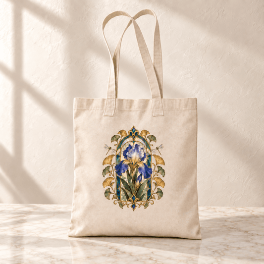 A Gilded Iris Art Nouveau Tote Bag from Mirabilia Boutique rests on a marble surface, its long handles draped alongside detailed blue and purple iris flowers framed by green leaves and ornate patterns. Sunlight casts gentle shadows across the scene.