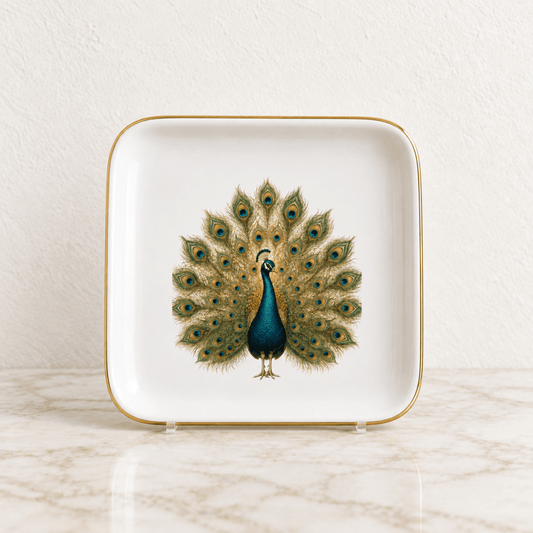 The Gilded Peacock Ceramic Jewelry Tray by Mirabilia Boutique, a square white ceramic piece with a gold rim, showcases an intricate illustration of a peacock with its tail fully fanned. This elegant tray is styled on a marble surface against a softly textured light wall.