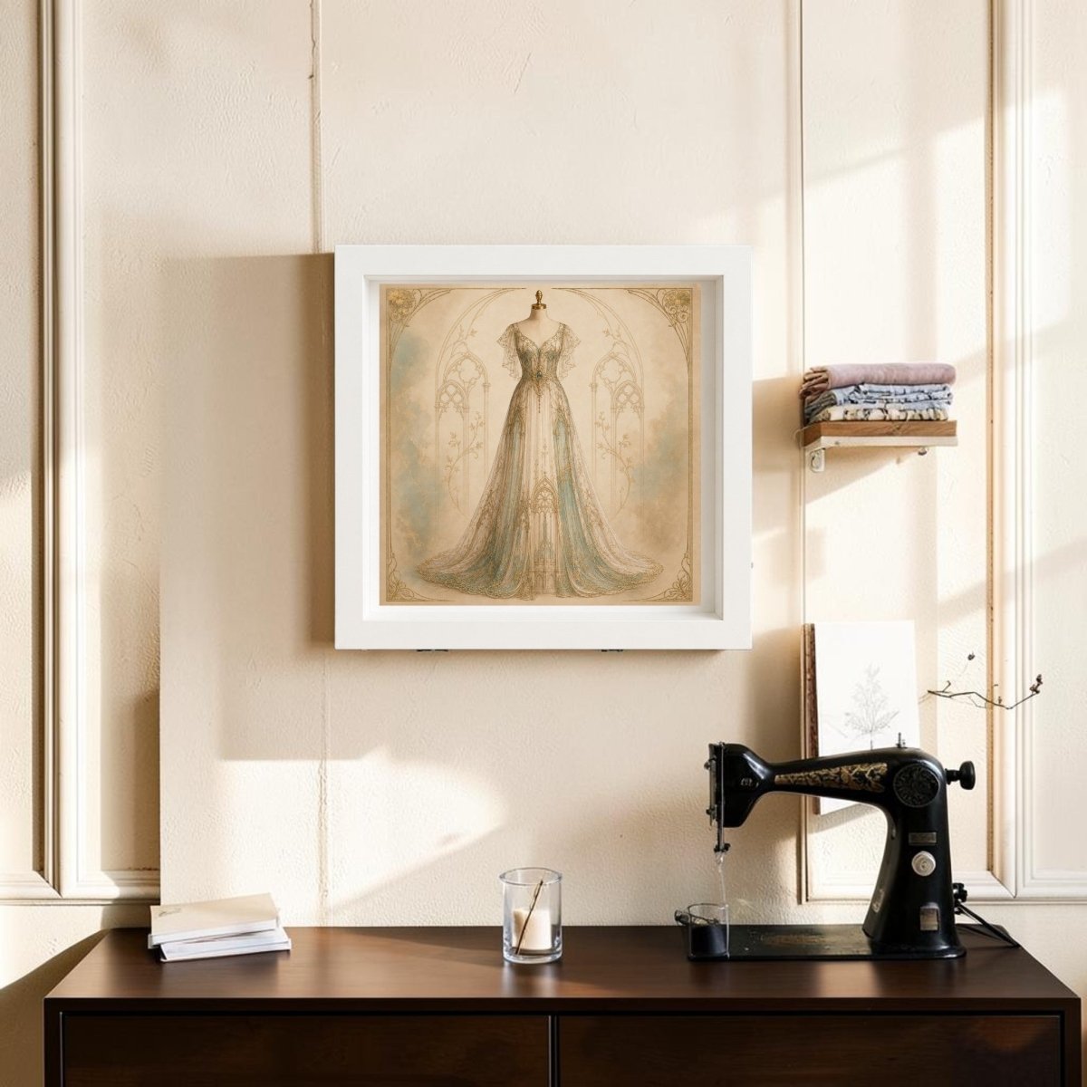 A vintage sewing machine rests on a dark wooden desk beneath the "Conservatory Grace | Curated Couture Artwork" by Mirabilia Boutique, its ornate dress design framed elegantly above. Sunlight streams in, casting shadows across this thoughtfully curated interior. A glass of water, notebooks, and folded fabrics are also visible.