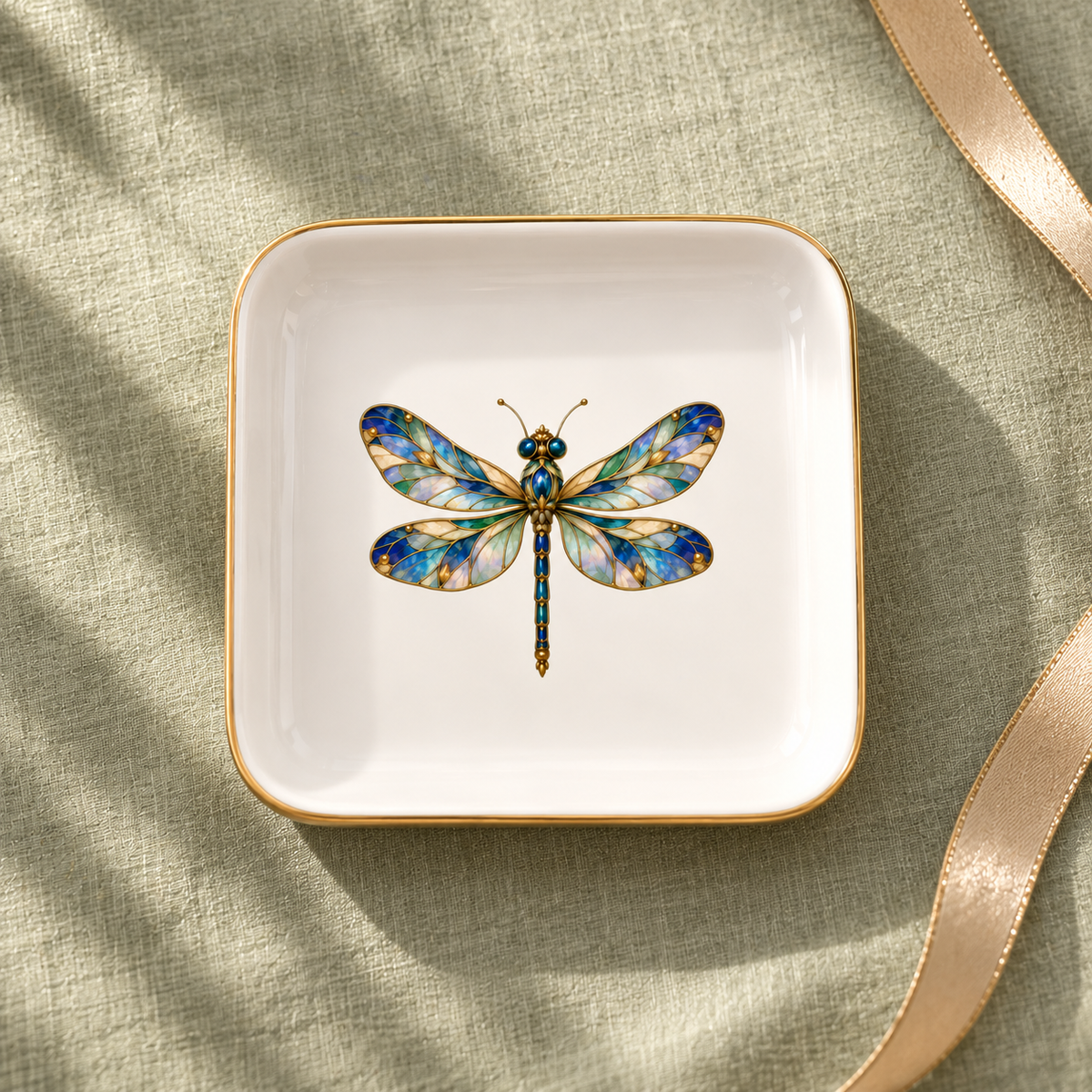 The Jeweled Dragonfly Jewelry Tray | Gilded Reverie from Mirabilia Boutique is a square white dish with a gleaming gold rim, showcasing a vibrant dragonfly illustration inspired by Mirabilia in the center. Styled atop light sage green fabric and accented with a gold ribbon, this decorative tray brings an elegant and whimsical touch to any space.