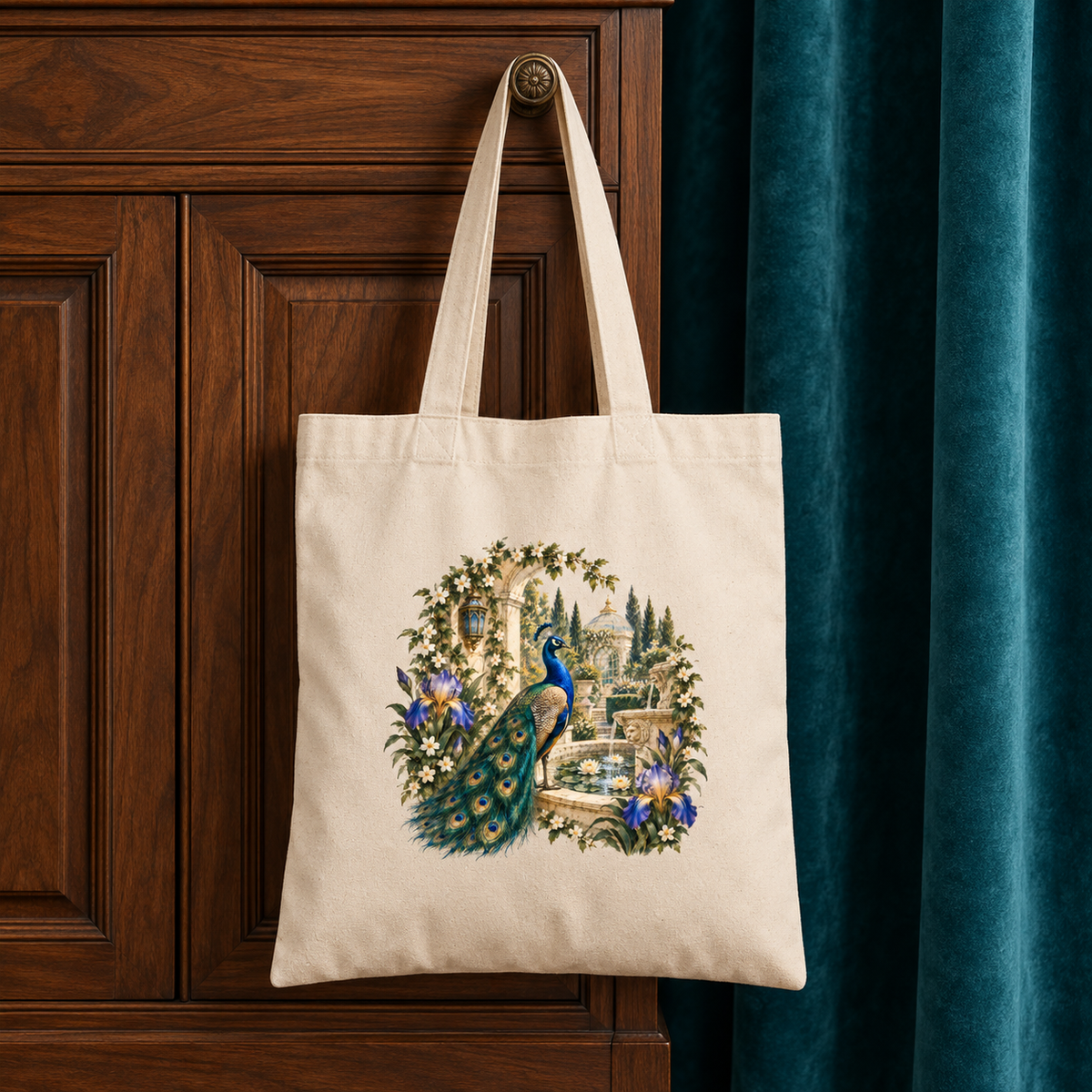 The Afternoon in the Peacock Garden Tote | Gilded Reverie by Mirabilia Boutique, showcasing a jeweled peacock amid lush flowers and greenery in a vibrant garden scene, hangs from a wooden cabinet knob beside teal curtains.