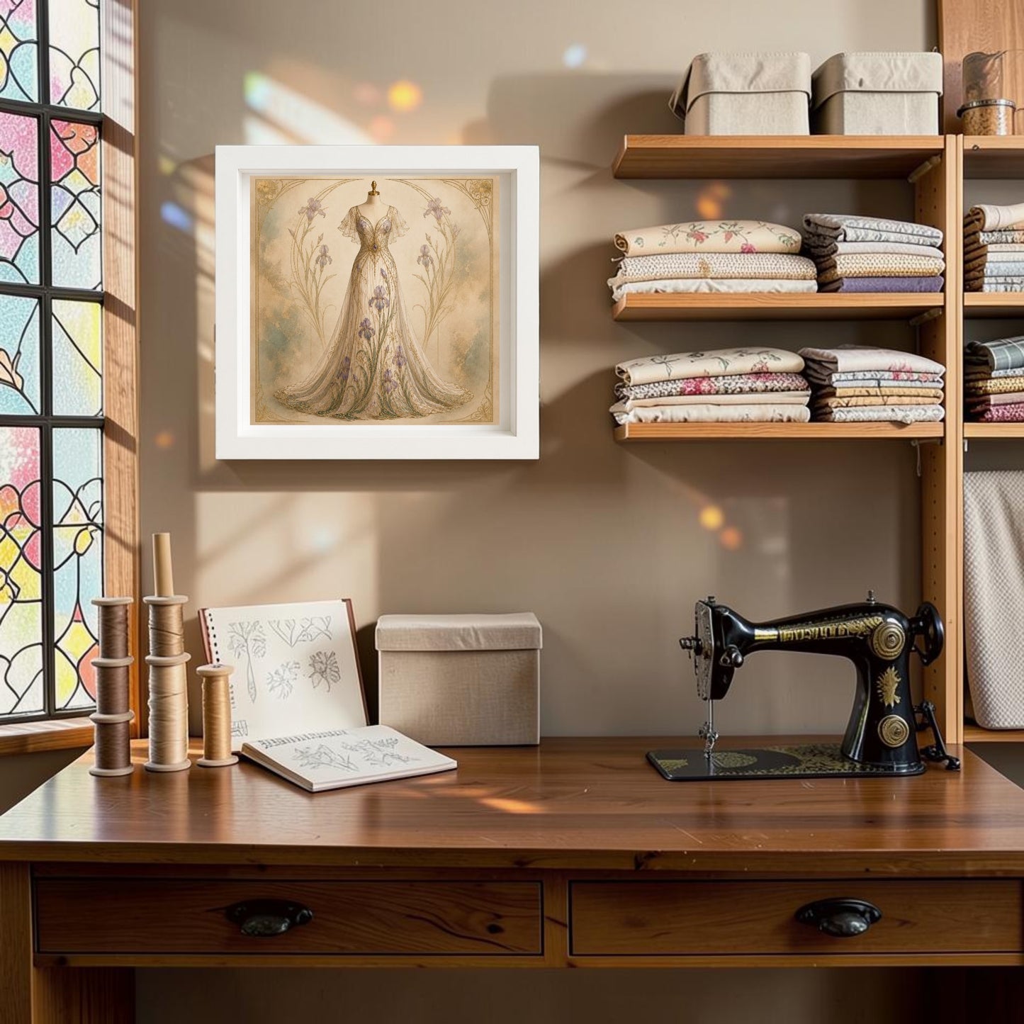 A sewing room with an antique sewing machine, shelves of folded fabrics, thread spools, embroidery patterns, and a framed vintage dress illustration brightens up the wall. Sunlight filters through the Iris Elegance | Curated Couture Artwork stained-glass window by Mirabilia Boutique, adorned with delicate Art Nouveau motifs and iris designs that cast colorful patterns across the cozy space.