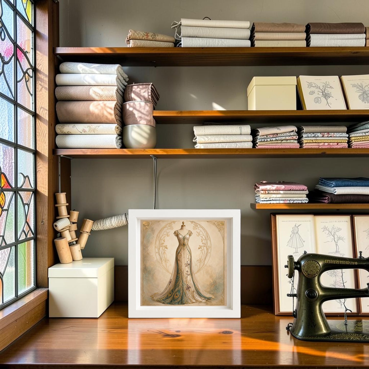 A cozy sewing room with fabric neatly stacked on shelves, an antique sewing machine, botanical prints, and framed artwork of an elegant dress—plus a striking “Peacock Reverie” piece from Mirabilia Boutique’s Curated Couture Artwork collection displayed as framed canvas art—all bathed in sunlight from a stained glass window.
