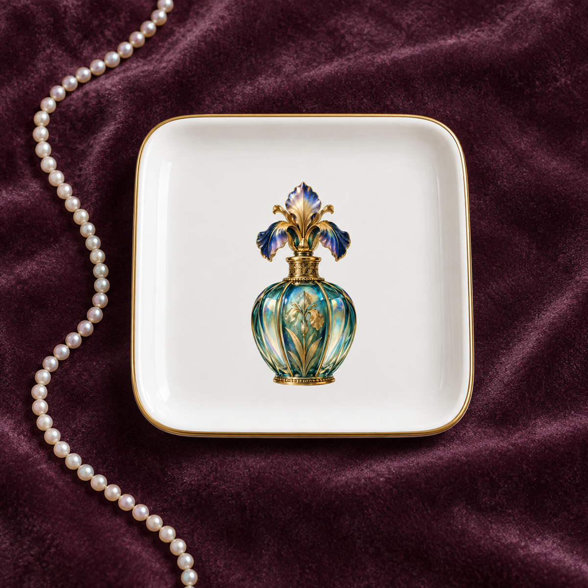 The Iris Perfume Bottle Jewelry Tray | Gilded Reverie by Mirabilia Boutique features a square white tray with gilded edging, artfully cradling an ornate, flower-shaped glass perfume bottle. Displayed atop rich dark purple velvet and accented by a delicate string of pearls, this enchanting piece elegantly doubles as a keepsake holder—perfect for showcasing your favorite treasures.