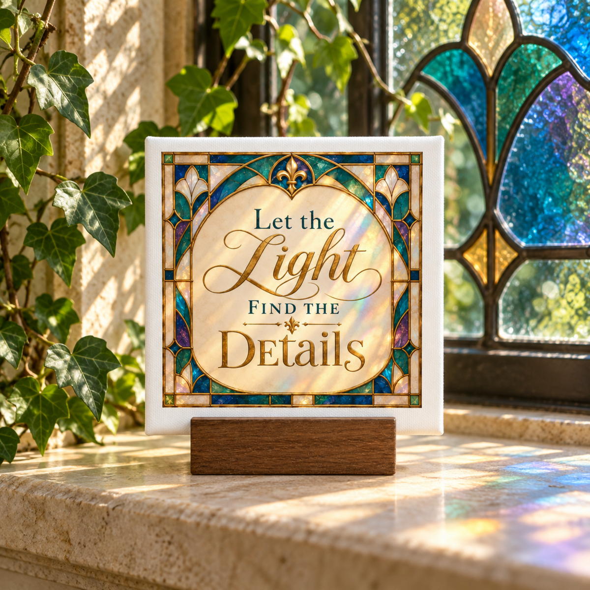 The Let the Light Find the Details Mini Sign from Mirabilia Boutique, featuring a stained glass-inspired design and the phrase “Let the Light Find the Details,” rests on a marble windowsill. Sunlight streams in as green ivy grows nearby, enhancing the art nouveau decor. A stained glass window appears in the background.