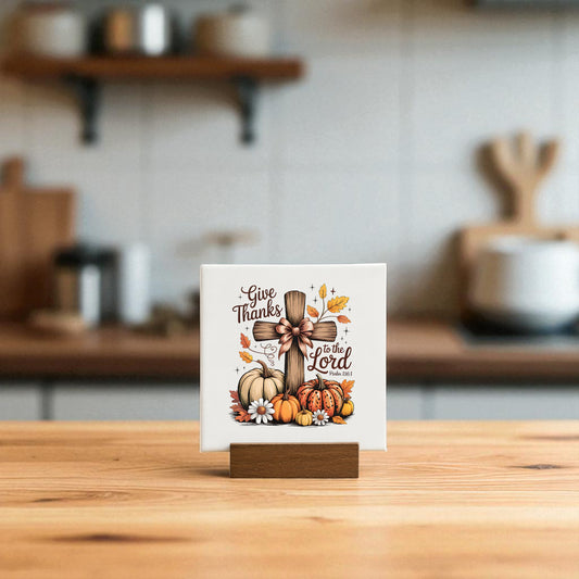 The Mini Thanksgiving Sign | Give Thanks Cross by Mirabilia Boutique features fall decor on a ceramic tile with "Give Thanks to the Lord"—a perfect Christian accent for your kitchen or a thoughtful Thanksgiving gift.