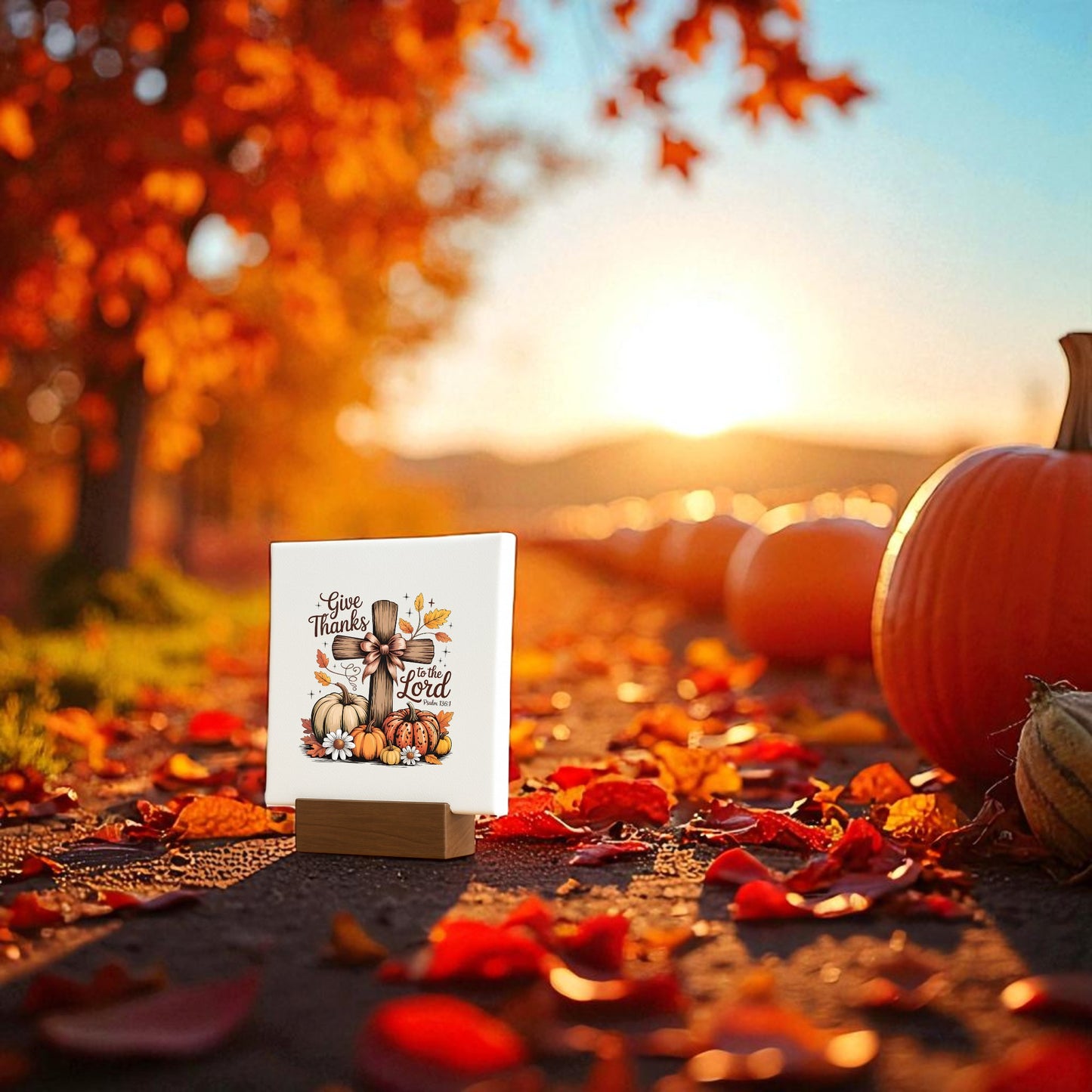 The Mini Thanksgiving Sign | Give Thanks Cross by Mirabilia Boutique features an autumn design with pumpkins and orange leaves—ideal as Christian fall decor or a thoughtful Thanksgiving gift.