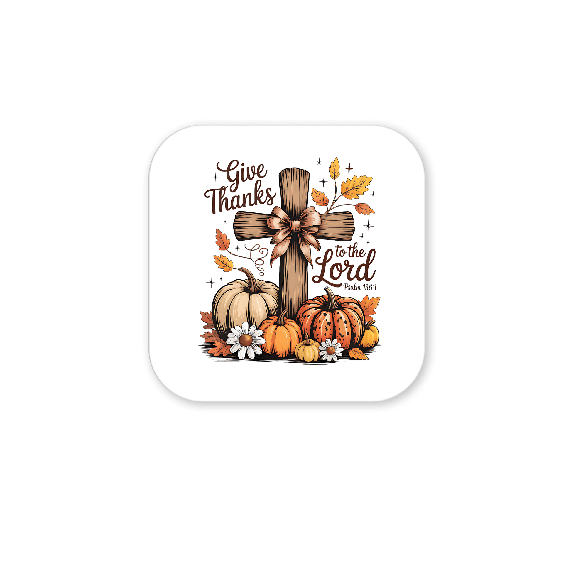 Mirabilia Boutique’s “Give Thanks Fall Magnet” features a wooden cross with a bow, pumpkins, leaves, and daisies with “Give Thanks to the Lord, Psalm 136:1.” Perfect Christian fridge décor or Thanksgiving gift.