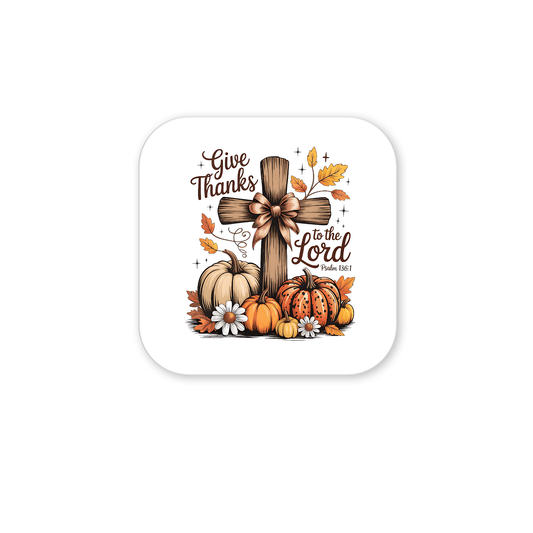 Mirabilia Boutique’s “Give Thanks Fall Magnet” features a wooden cross with a bow, pumpkins, leaves, and daisies with “Give Thanks to the Lord, Psalm 136:1.” Perfect Christian fridge décor or Thanksgiving gift.