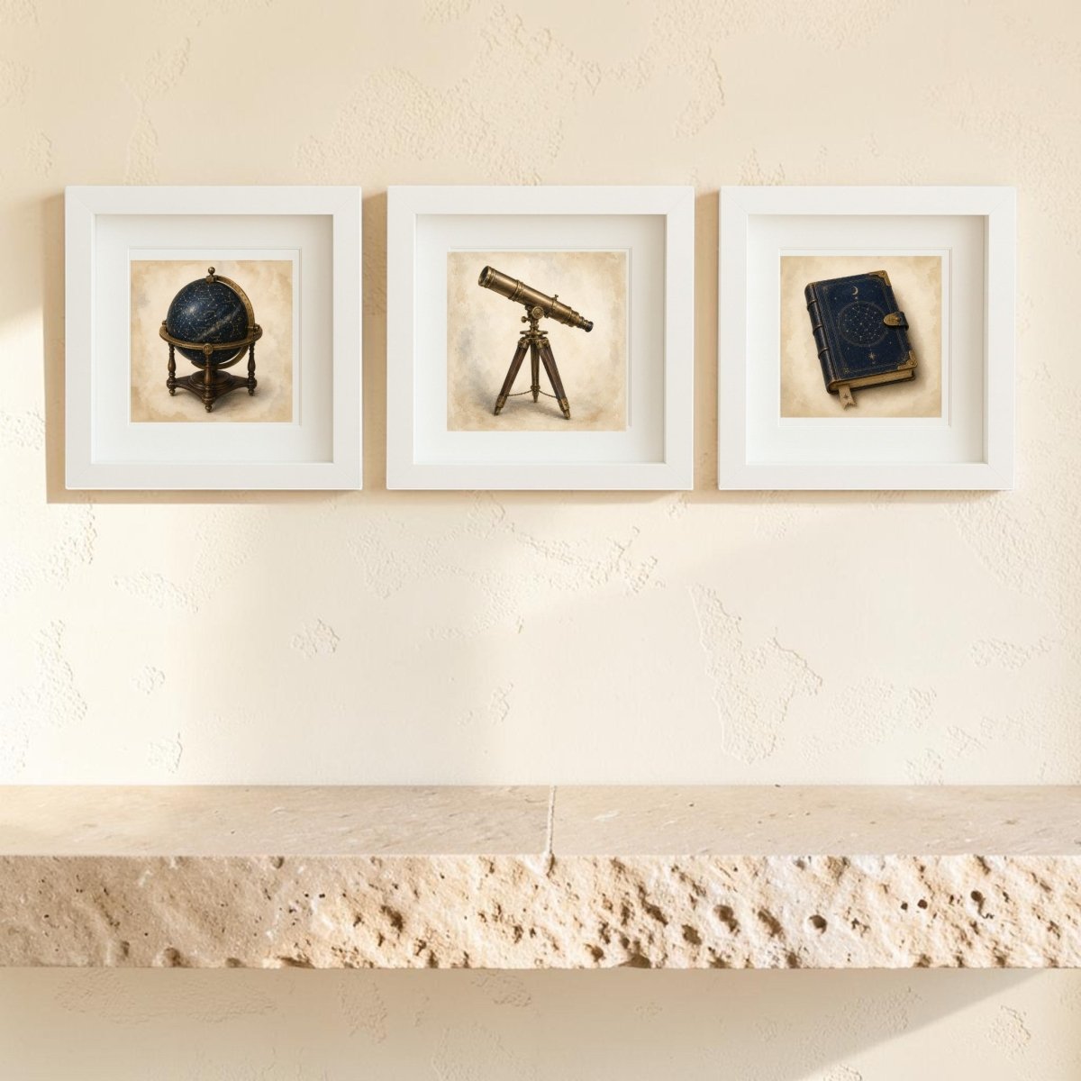 Three framed canvas artworks from “The Stargazer’s Cabinet” by Mirabilia Boutique hang above a stone shelf: a globe, a telescope, and a book adorned with a star design—each piece evoking vintage celestial art and scientific curiosity. With their light-colored, textured wall and shelf backdrop, this Mirabilia Relics stargazer decor perfectly inspires any thoughtful space.