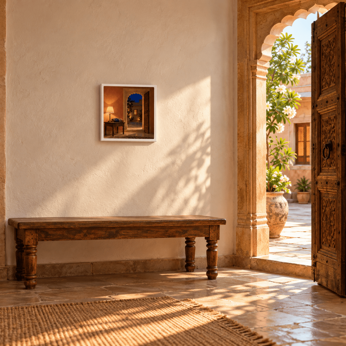 The Light Still On Canvas | Sand & Saffron is a framed gallery-wrapped canvas depicting an arched doorway at dusk, hanging above a wooden bench in a courtyard entryway with an open carved-wood door.