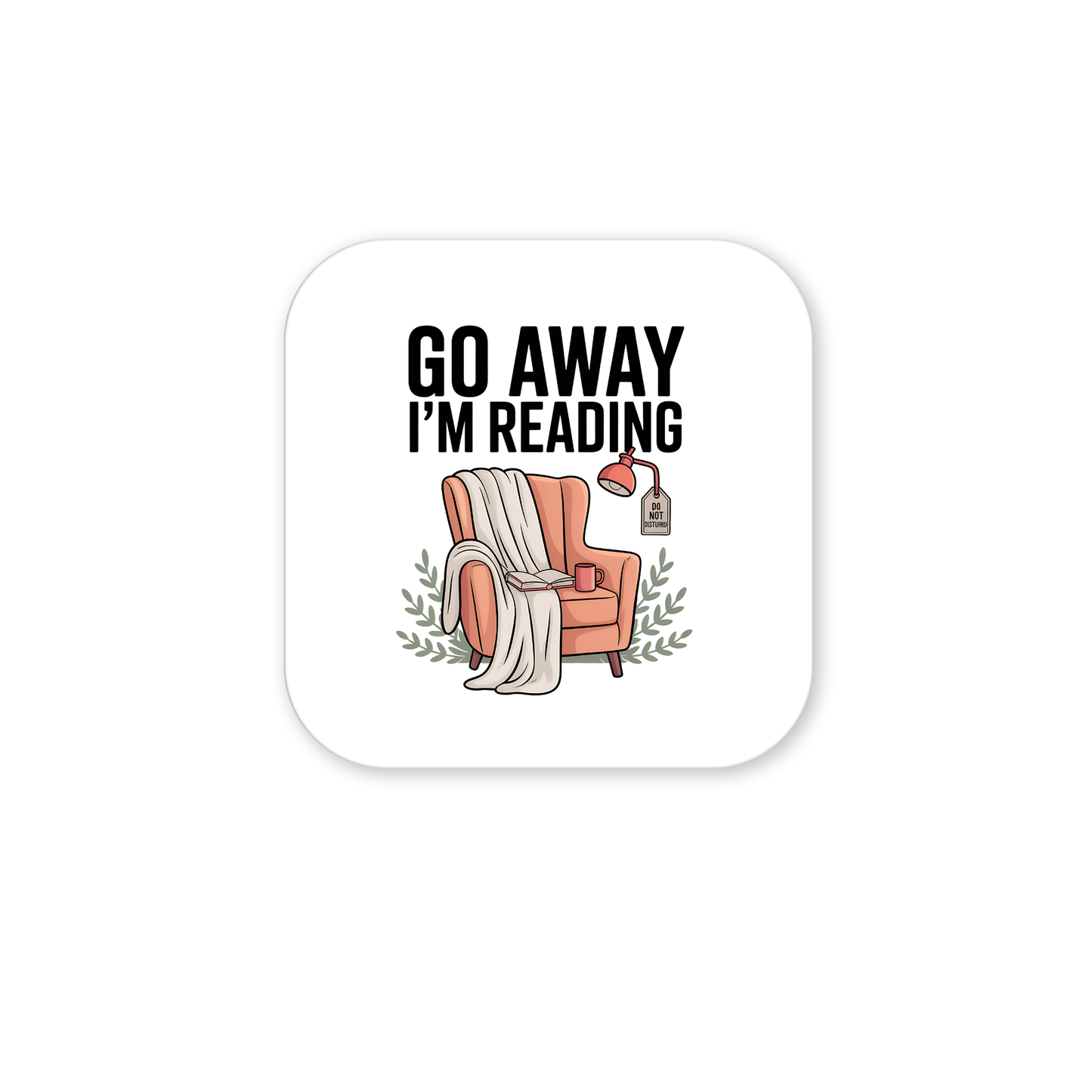The "Go Away I'm Reading Magnet" by Mirabilia Boutique features a cozy armchair with a blanket, books, mug, lamp, and green leaves. Bold text says “GO AWAY I’M READING”—the perfect funny book lover gift for any fridge!.