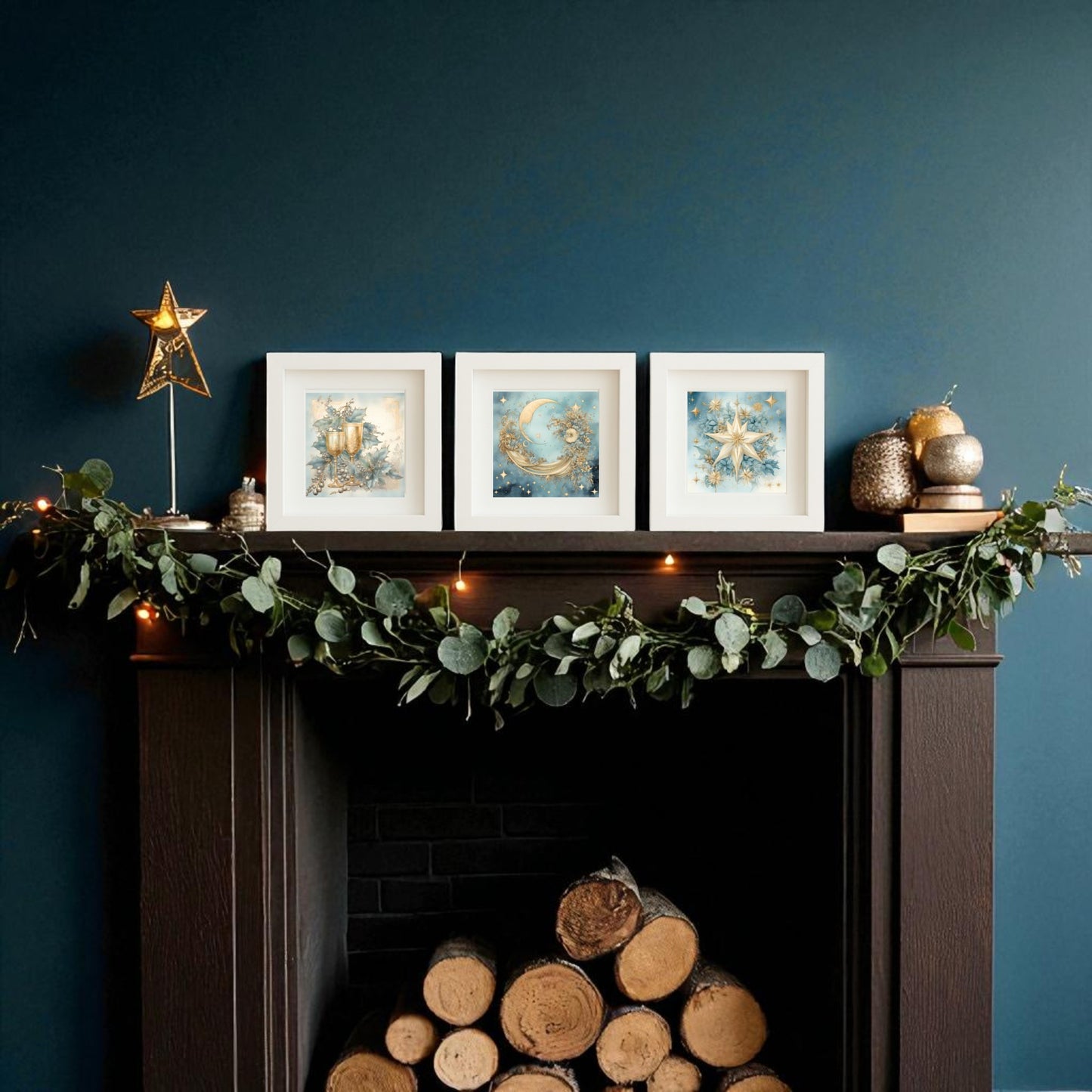 A dark fireplace mantle adorned with greenery, lights, a gold star, ornaments, and the Mirabilia Boutique Goblet, Moon & Star Holiday Trio 5x5 Celestial Christmas Shadowbox Set above stacked firewood pops against a deep blue winter wall.