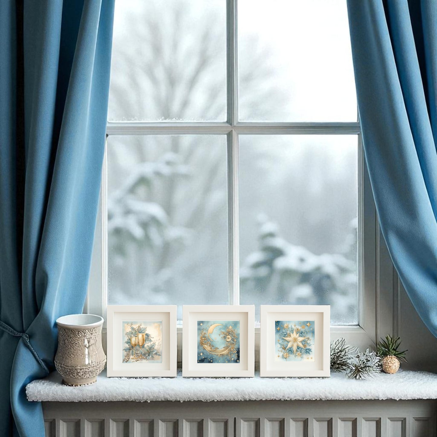 A snowy scene peeks through blue curtains, with a mug and evergreens beside the Goblet, Moon & Star Holiday Trio—Mirabilia Boutique’s 5x5 Celestial Christmas Shadowbox Set—adding cozy charm as snow rests outside and on the sill.