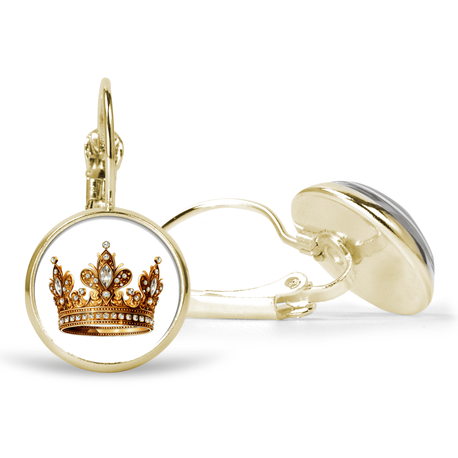 The Royal Crown Leverback Earrings by Mirabilia Boutique feature detailed jeweled gold crowns on a white background, offering a vintage regal look in your choice of gold or silver for elegant, timeless style.