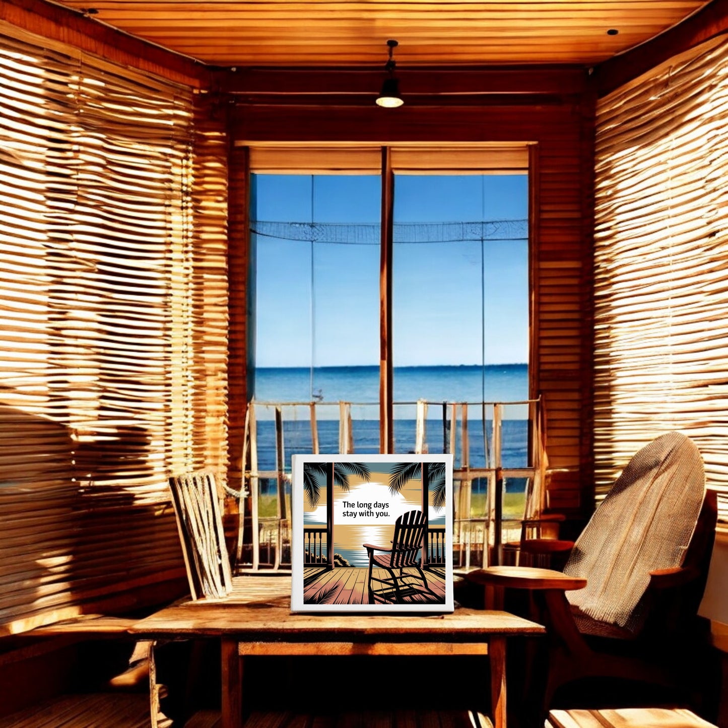 A cozy wooden room with slatted walls and a large sea-facing window features Mirabilia Boutique’s The Long Days Canvas – Sunset Memory Porch Art, depicting rocking chairs on a deck with the words "The long days stay with you.