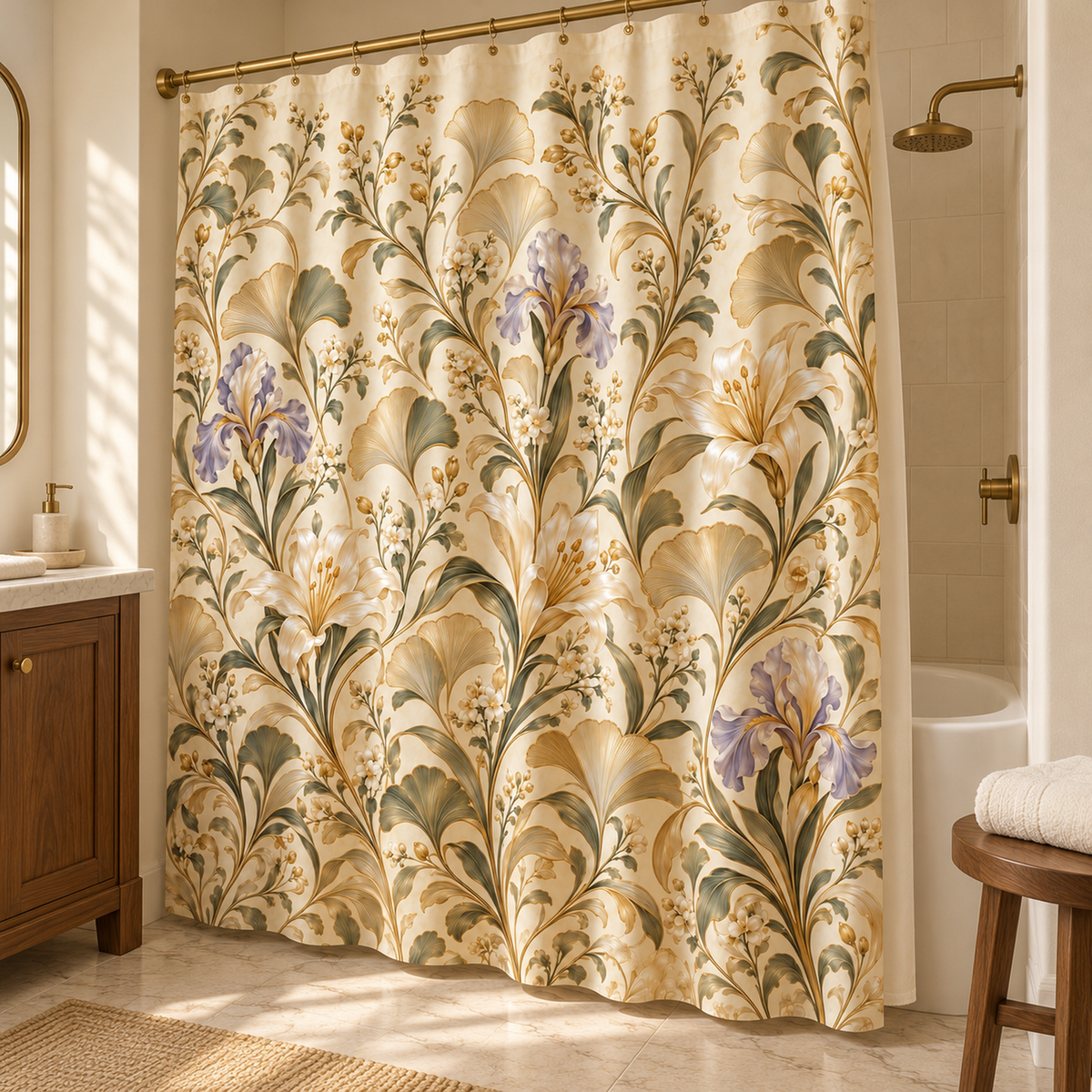 The Golden Conservatory Shower Curtain | Gilded Reverie by Mirabilia Boutique features a botanical pattern of gold, green, and purple flowers and fan-shaped leaves.