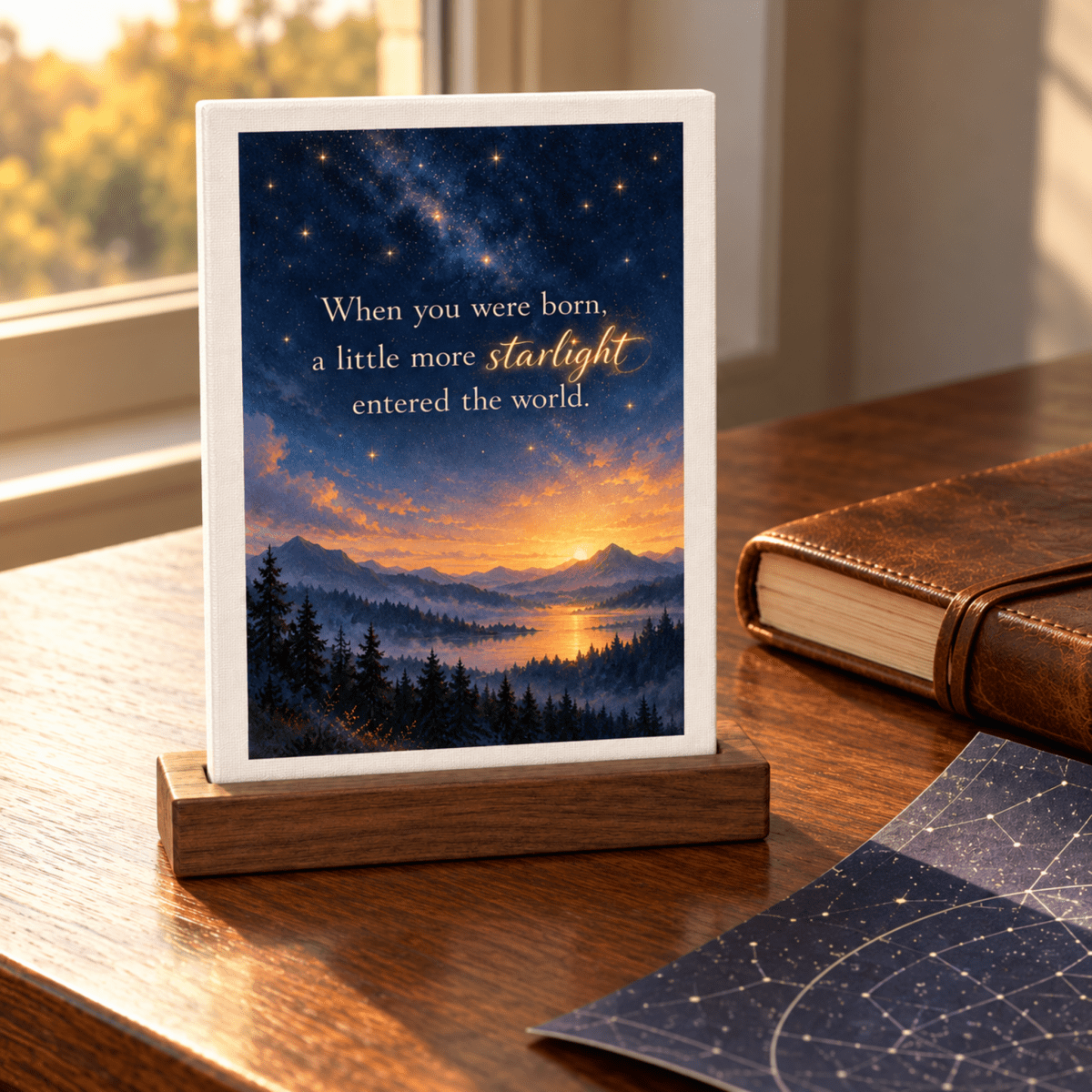 A Little More Starlight Friendship Mini Sign by Mirabilia Boutique, featuring a small sign on a wooden stand depicting a sunset over mountains and a starry sky with the text, “When you were born, a little more starlight entered the world.”
