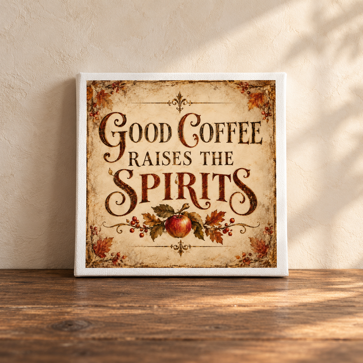 The Good Coffee Raises the Spirits Canvas Sign by Mirabilia Boutique sits on a wooden table, with vintage floral borders and an apple below—ideal autumn kitchen decor.