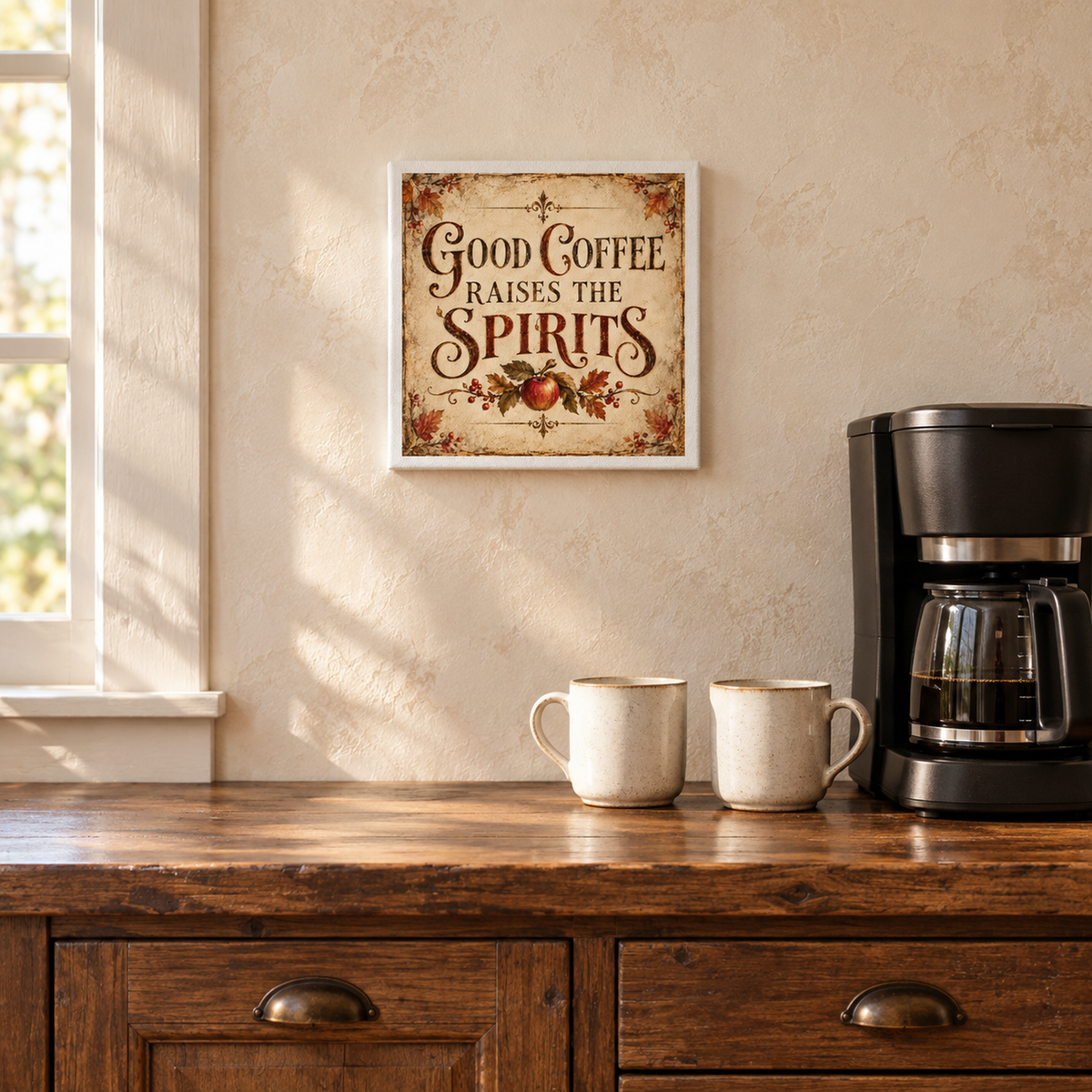 A Mirabilia Boutique Good Coffee Raises the Spirits Canvas Sign hangs above a coffee maker and two mugs on a wooden counter, sunlight streaming in from a nearby window.