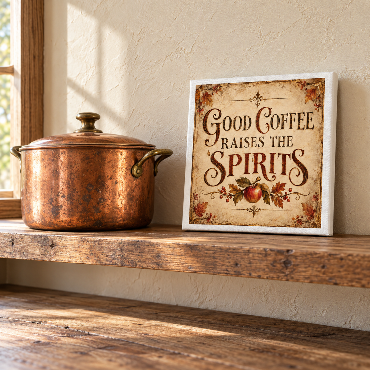 A copper pot sits on a wooden shelf beside the Good Coffee Raises the Spirits Canvas Sign by Mirabilia Boutique—charming autumn kitchen decor for coffee lovers.