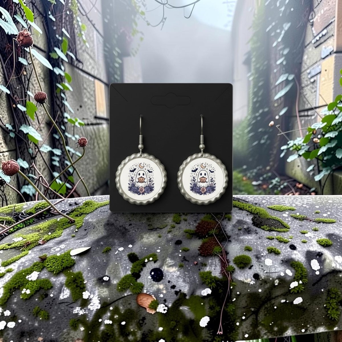 A pair of Mirabilia Boutique's Crescent Moon Pumpkin Ghost Scalloped Earrings hangs on a black card, set against a mossy, overgrown outdoor background with walls draped in vines and small plants—making them the perfect gothic cottagecore accessory for anyone seeking unique Halloween earrings.