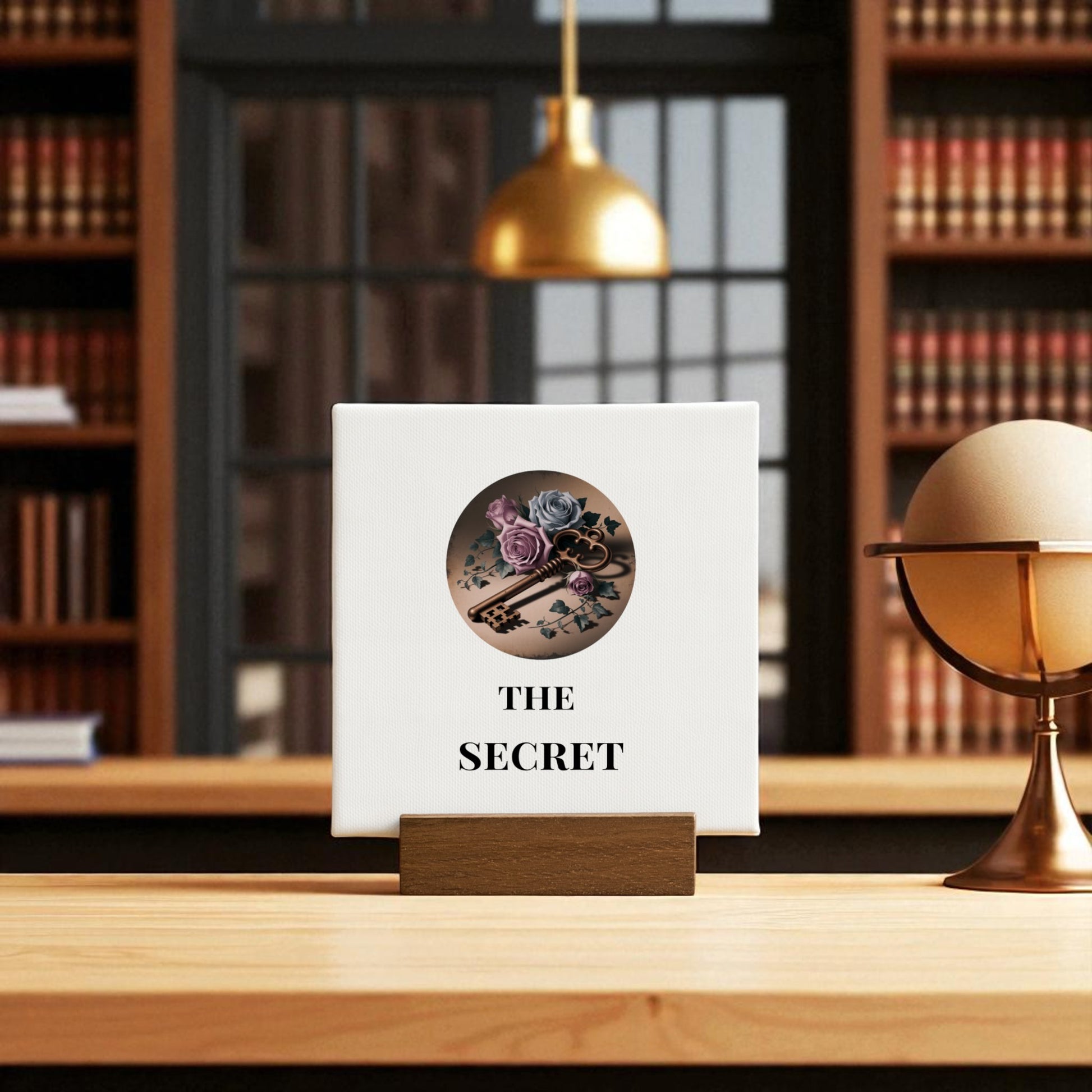 The Mini Gothic Sign "The Secret" by Mirabilia Boutique features a circular floral and skeleton key motif, displayed on a wooden stand. Perfect for regencycore libraries, it adds Dead Regency Decor charm to your shelf or desk.