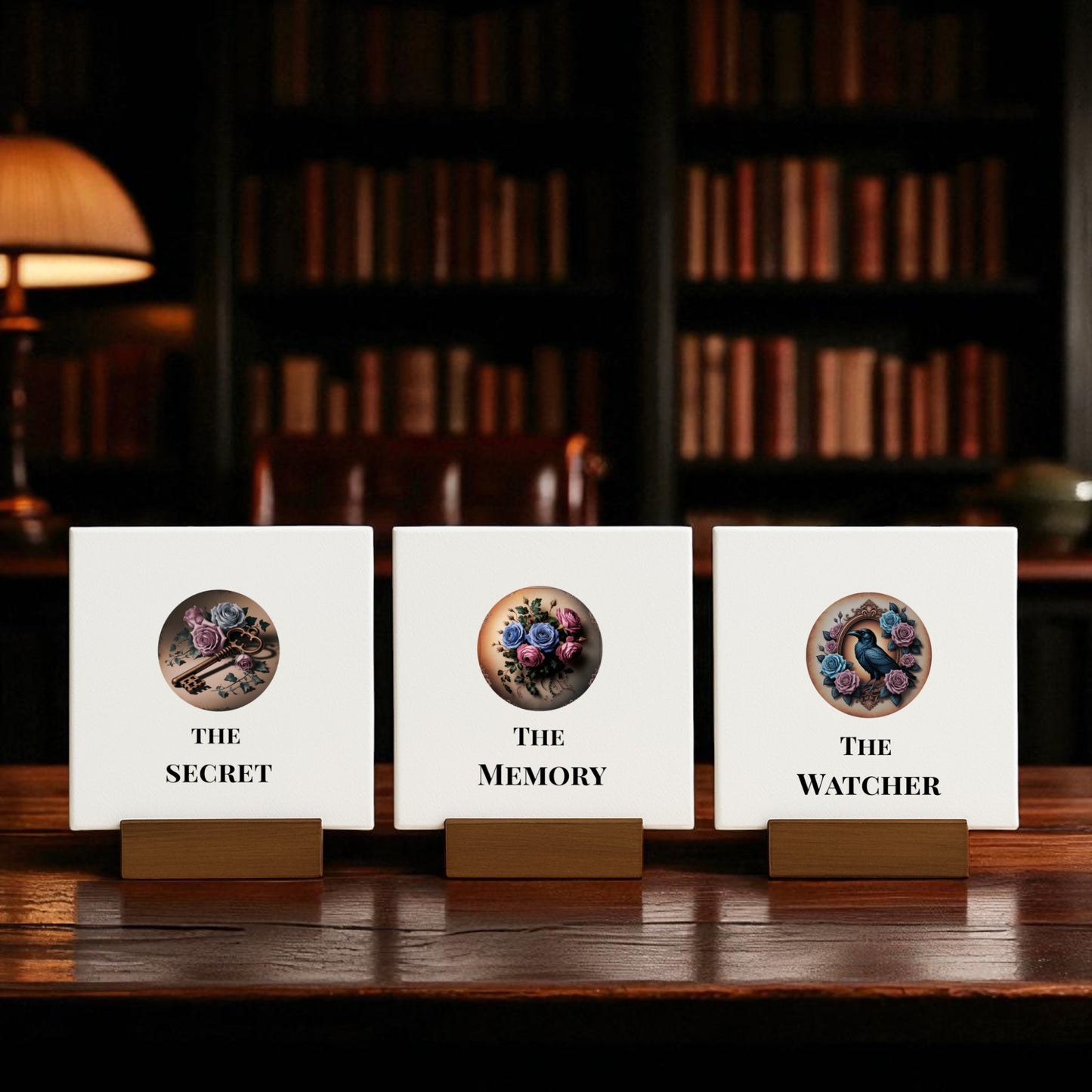 The Dead Regency Mini Sign Set by Mirabilia Boutique features three square signs—Raven, Roses & Keys—with circular designs on wooden stands, ideal for gothic or dark academia decor lovers.