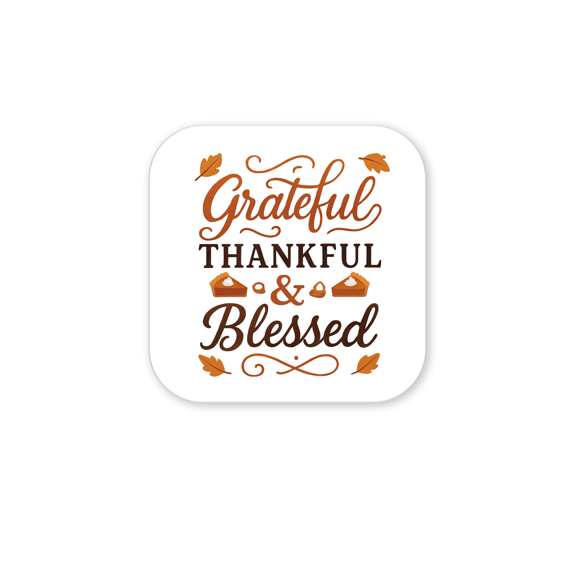 The Grateful Thankful Blessed Magnet by Mirabilia Boutique features festive fonts with orange leaves and pies on white—ideal as fall fridge decor or a Thanksgiving gift.