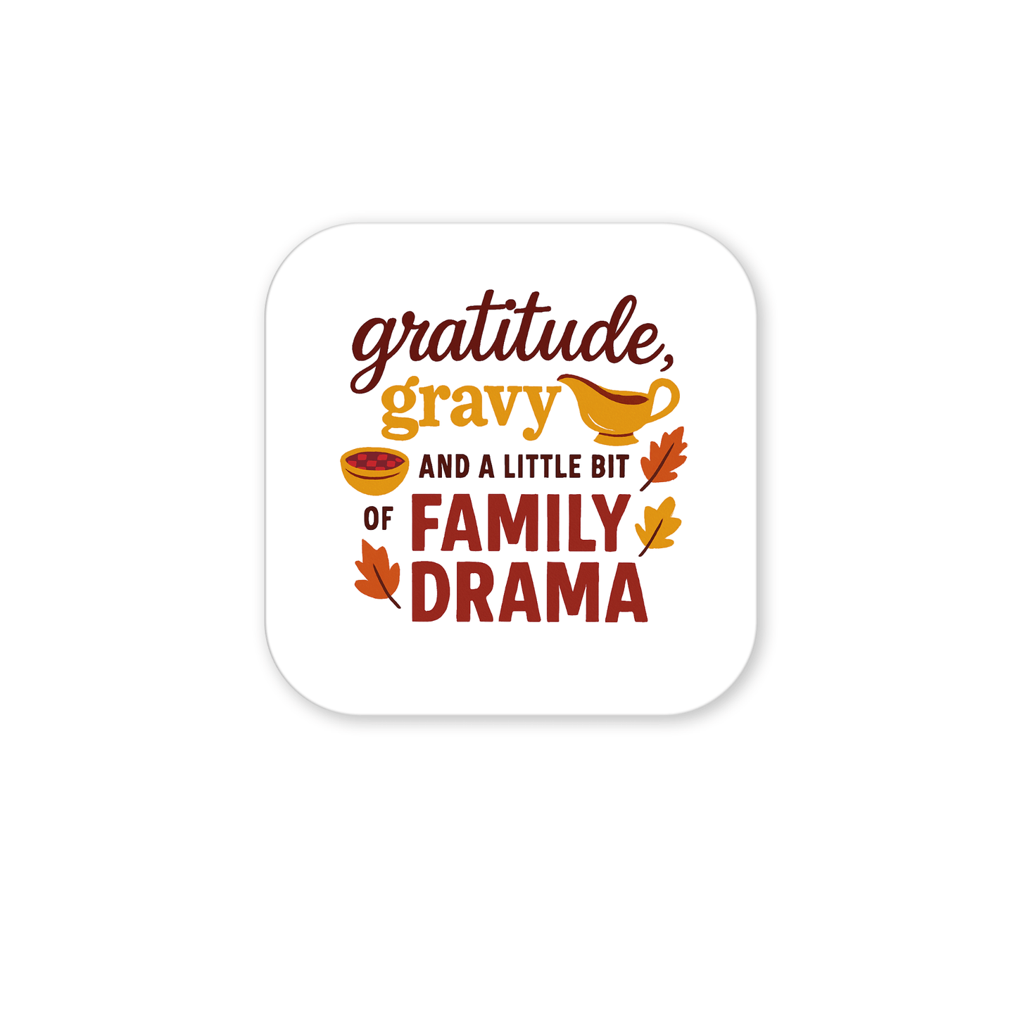 The Gratitude Gravy & Family Drama Magnet by Mirabilia Boutique adds humor and warmth to your kitchen with its funny fall design, brown and yellow fonts, and charming Thanksgiving illustrations—perfect for festive décor.