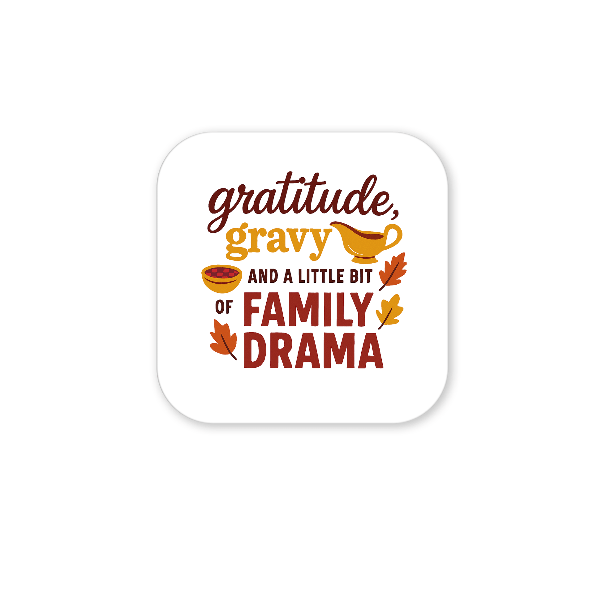 The Gratitude Gravy & Family Drama Magnet by Mirabilia Boutique adds humor and warmth to your kitchen with its funny fall design, brown and yellow fonts, and charming Thanksgiving illustrations—perfect for festive décor.
