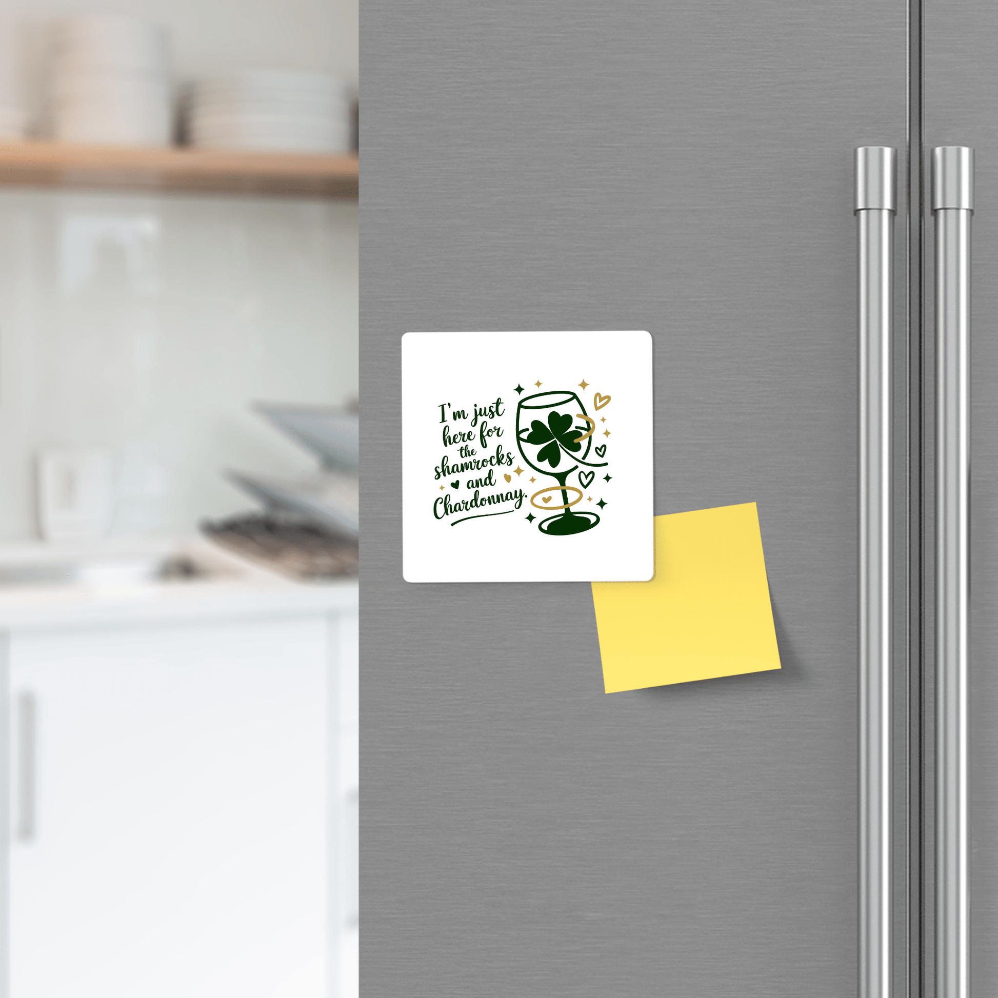 The Shamrocks and Chardonnay Magnet by Mirabilia Boutique features a shamrock wine glass and fun text—an ideal St. Patrick’s Day favor or unique wine lover gift that brings festive charm to any modern kitchen or fridge.