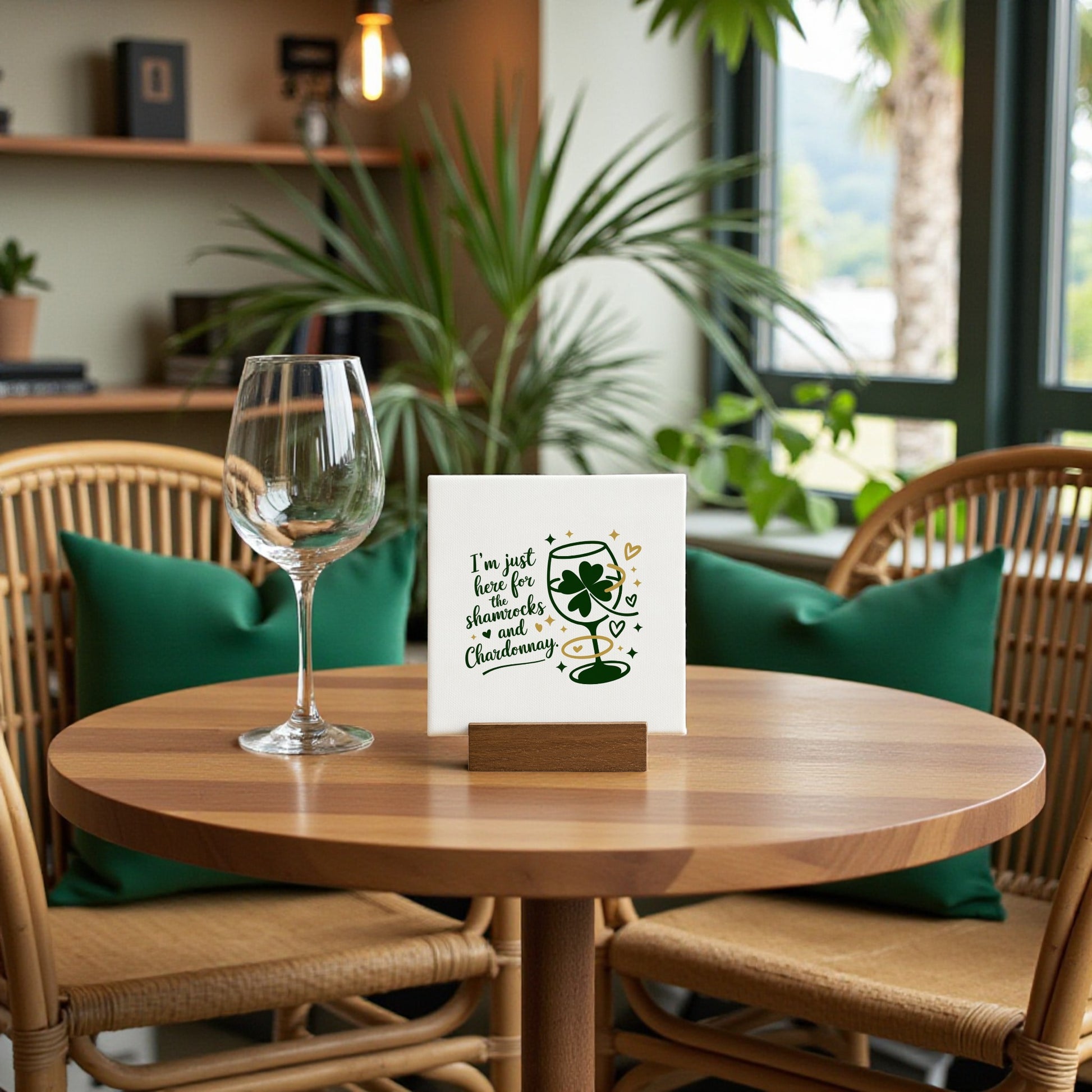 The Mirabilia Boutique Shamrocks and Chardonnay Canvas Sign (4x4) is displayed on a round wooden table with a wine glass, surrounded by cozy wicker chairs, green cushions, plants, and large windows—ideal St. Patrick’s Day decor.