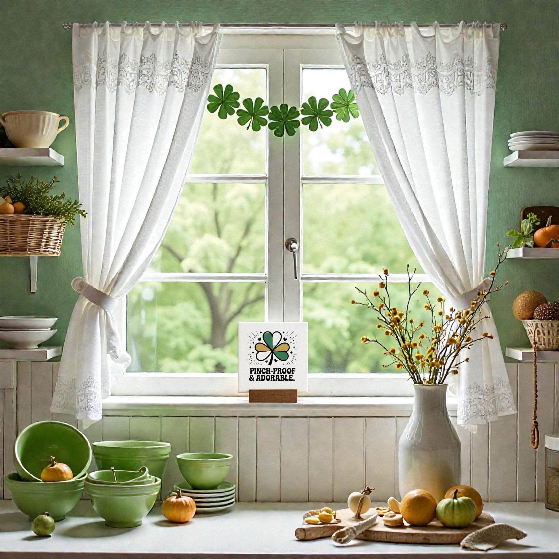 A bright kitchen features white lace curtains, green dishware, spring accents, and a Mirabilia Boutique 4x4 “Pinch-Proof & Adorable” canvas sign on the windowsill—decorated with shamrocks and yellow flowers for St. Patrick’s Day flair.