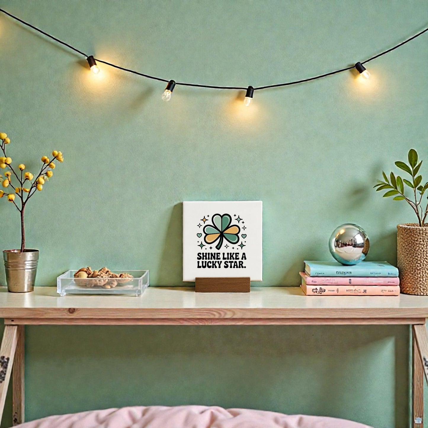 Brighten your desk with the Mirabilia Boutique “Shine Like a Lucky Star” 4x4 canvas sign—set among greenery, books, and cozy lights on a green wall, it’s a subtle touch of St. Patrick’s Day decor charm.