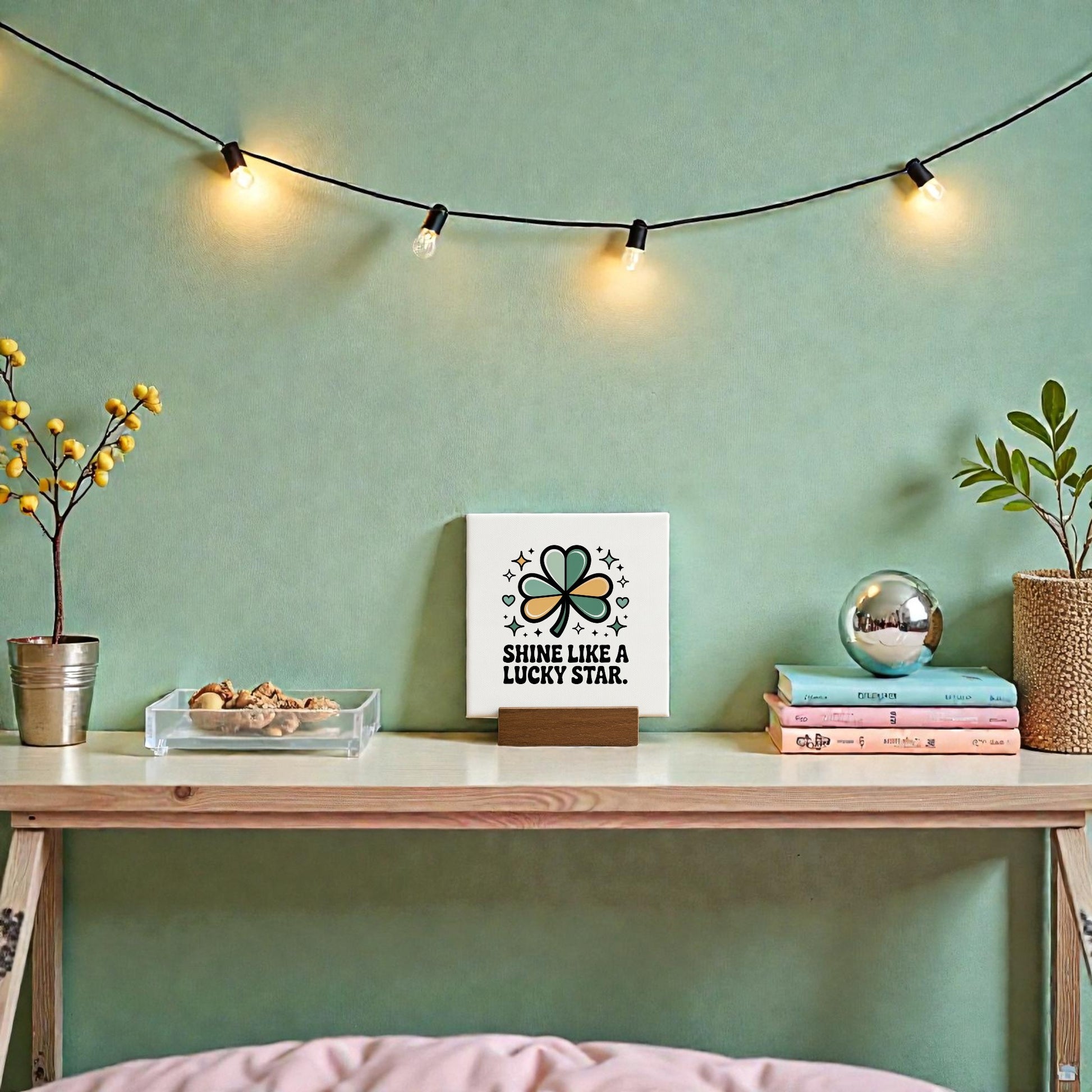 Brighten your desk with the Mirabilia Boutique “Shine Like a Lucky Star” 4x4 canvas sign—set among greenery, books, and cozy lights on a green wall, it’s a subtle touch of St. Patrick’s Day decor charm.