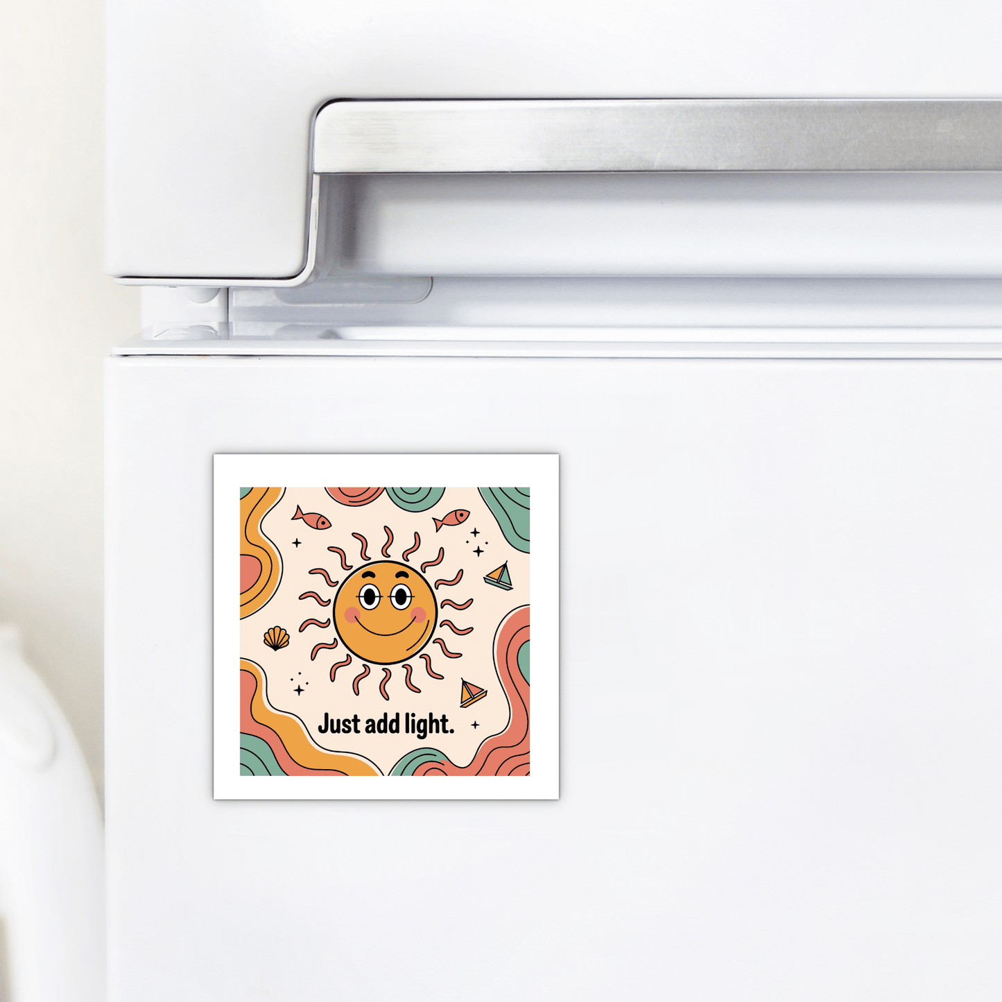 The Just Add Light Magnet – Retro Sun Fridge Art by Mirabilia Boutique features a smiling sun with wavy rays and "Just add light" text, set on a colorful background of orange, green, and yellow waves plus small stars.