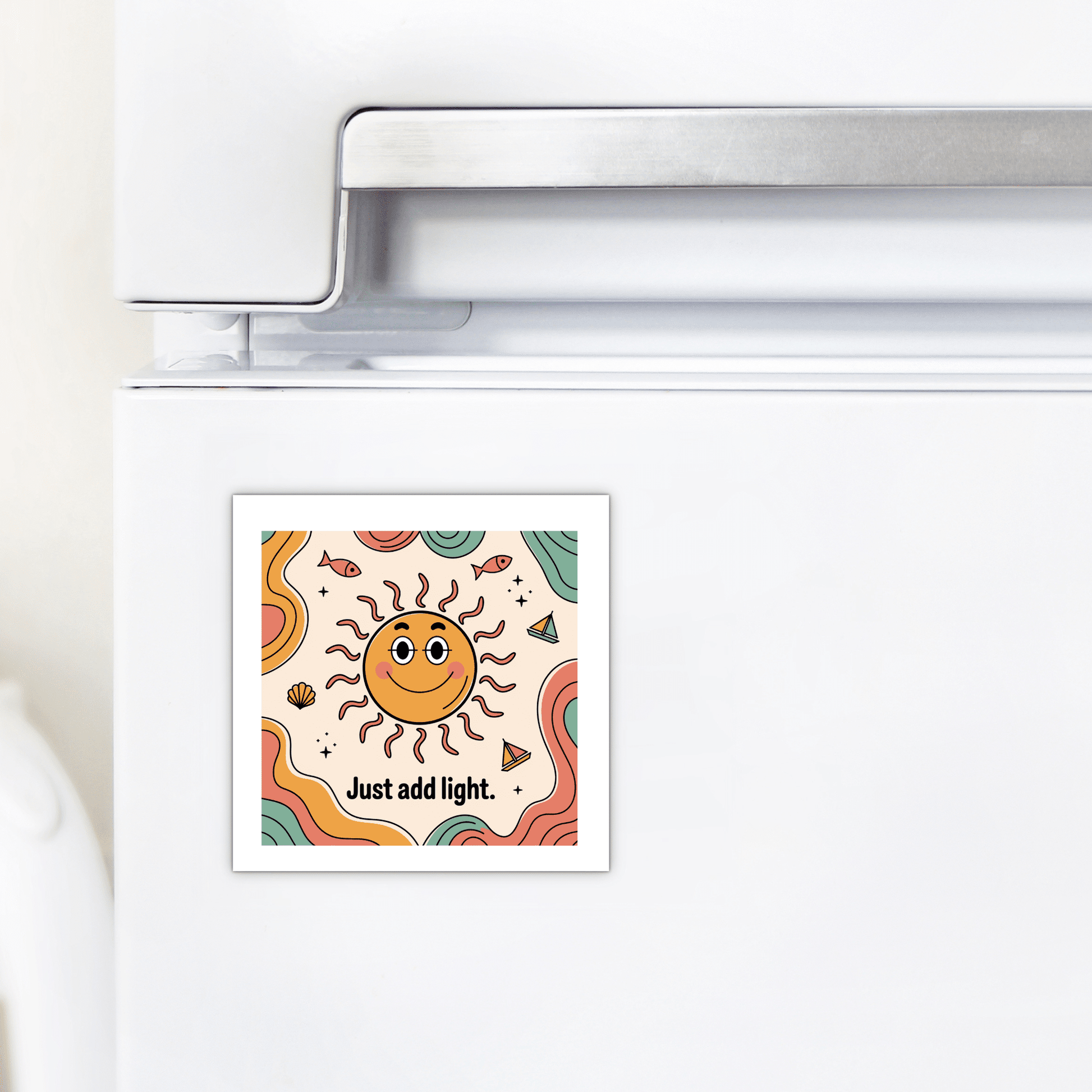 The Just Add Light Magnet – Retro Sun Fridge Art by Mirabilia Boutique features a smiling sun with wavy rays and "Just add light" text, set on a colorful background of orange, green, and yellow waves plus small stars.