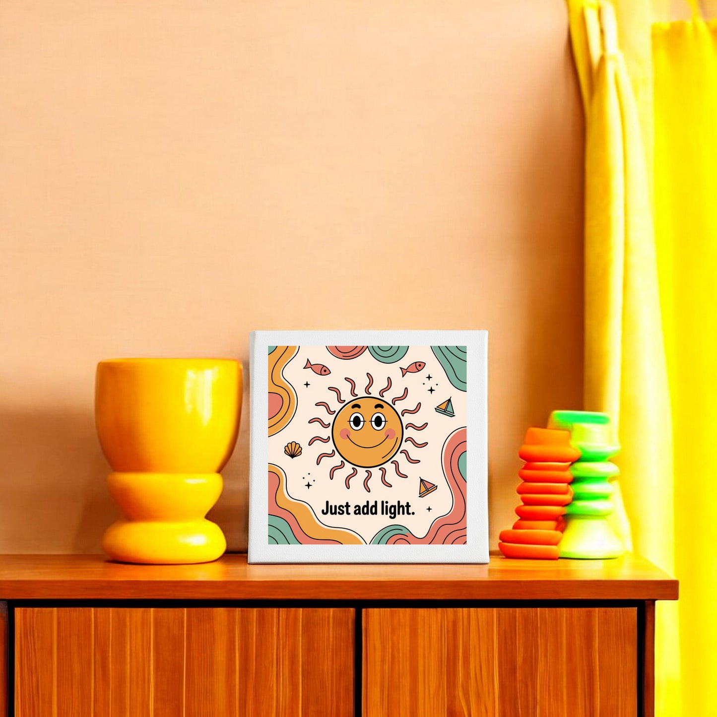 The Just Add Light Canvas Sign – 8x8 Retro Sunshine Wall Art by Mirabilia Boutique features a smiling sun and inspiring text—perfect for brightening any space with cheerful, retro vibes.