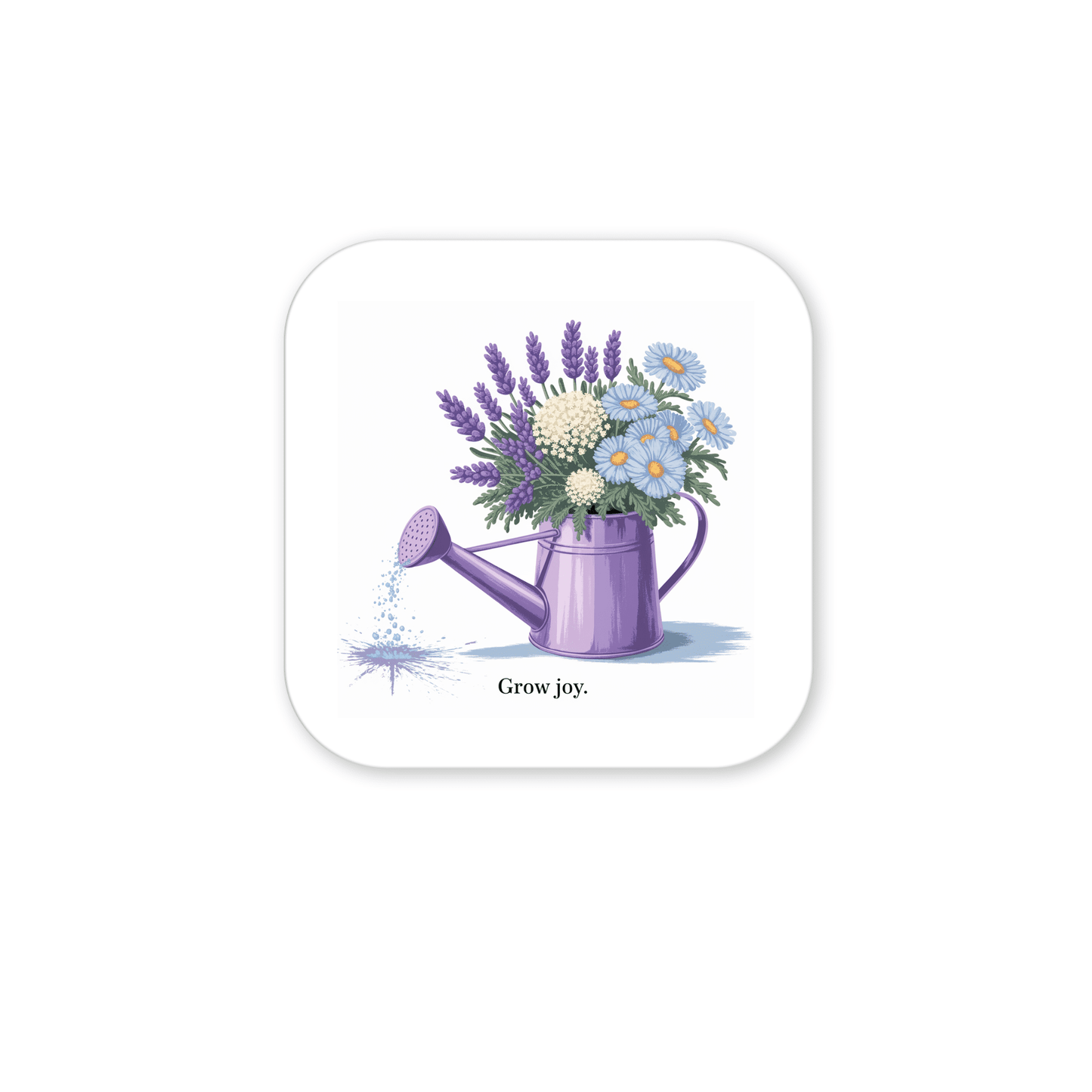The Grow Joy Magnet – Watering Can & Soft Garden Florals by Mirabilia Boutique features a purple watering can with lavender, daisies, and white flowers, plus the words “Grow joy.” Perfect for kitchen decor or gifting to gardening lovers.