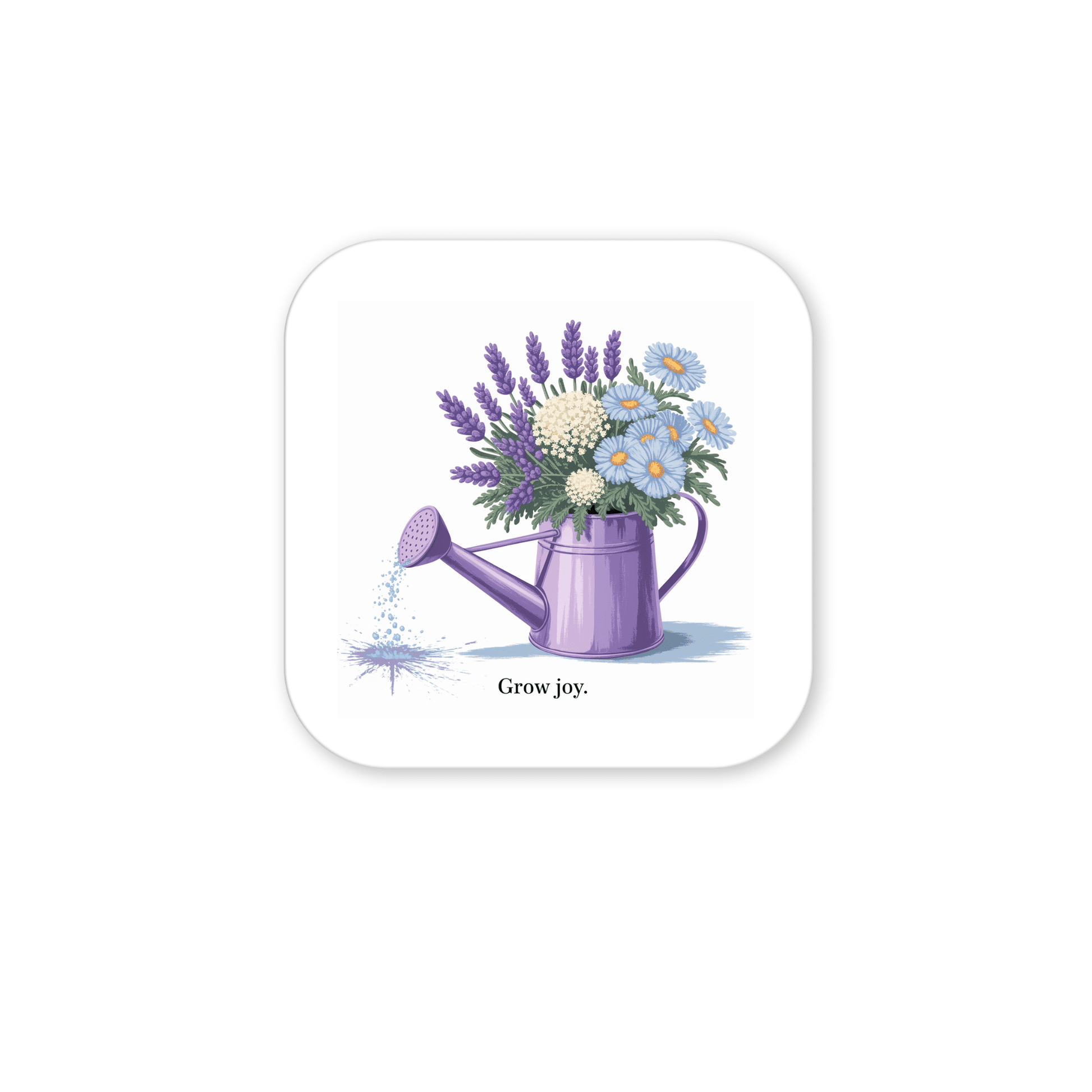 The Grow Joy Magnet – Watering Can & Soft Garden Florals by Mirabilia Boutique features a purple watering can with lavender, daisies, and white flowers, plus the words “Grow joy.” Perfect for kitchen decor or gifting to gardening lovers.