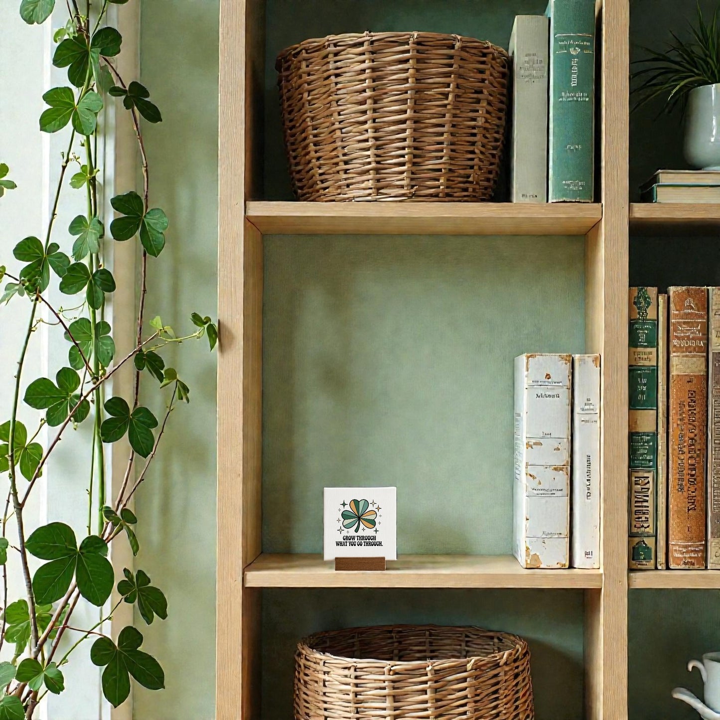 A Mirabilia Boutique "Grow Through What You Go Through" mini sign is displayed on a wooden bookshelf with baskets, vintage books, and a trailing potted plant against a soft green wall.