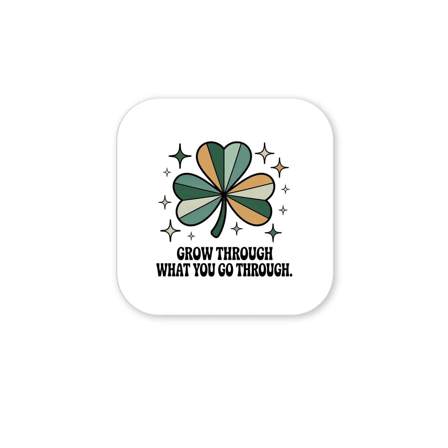The Grow Through What You Go Through Magnet from Mirabilia Boutique features a green and brown four-leaf clover with stars and the inspiring phrase, making it a daily reminder of resilience.