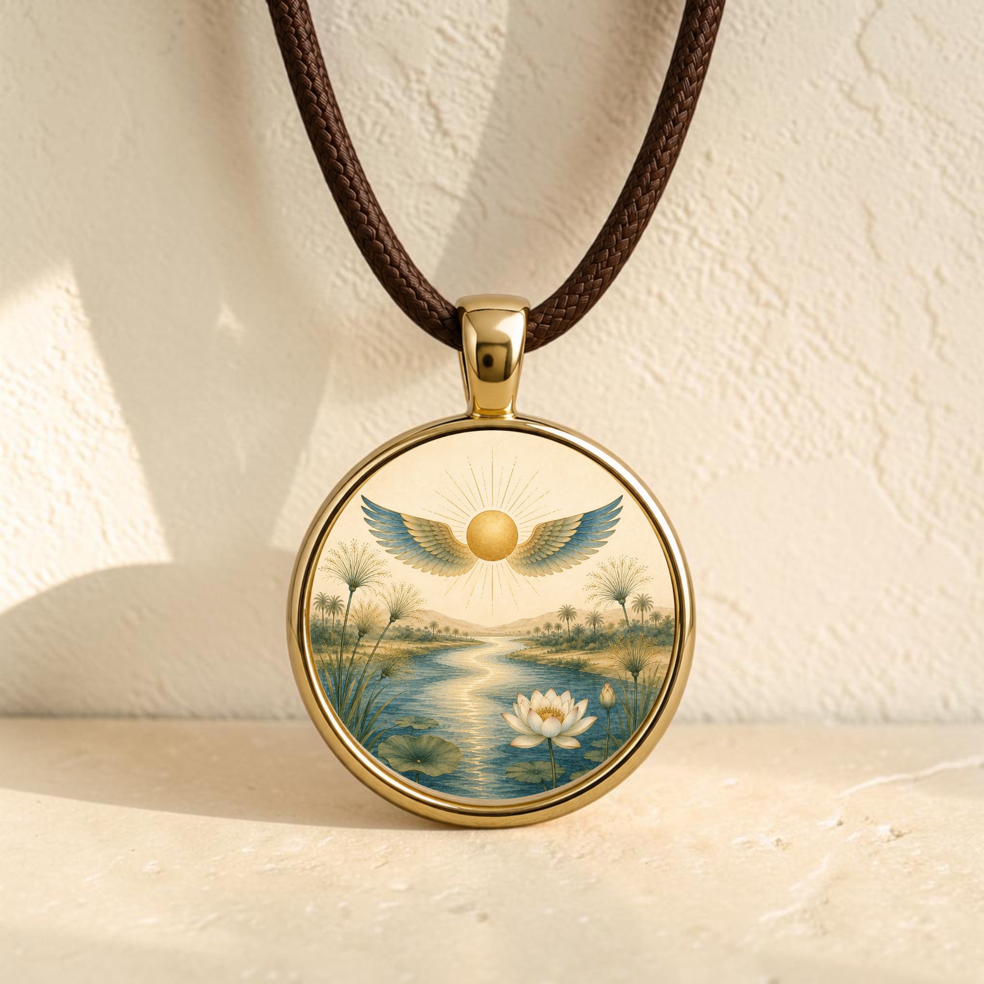 The Guidance | Story Pendant Necklace from Mirabilia Boutique features a gold pendant on a brown cord, showcasing a river, lotus flower, plants, and a golden sun with blue wings, all resting on a light textured surface. This piece beautifully captures the essence of Lotus Jewelry with its intricate details and symbolic elements.