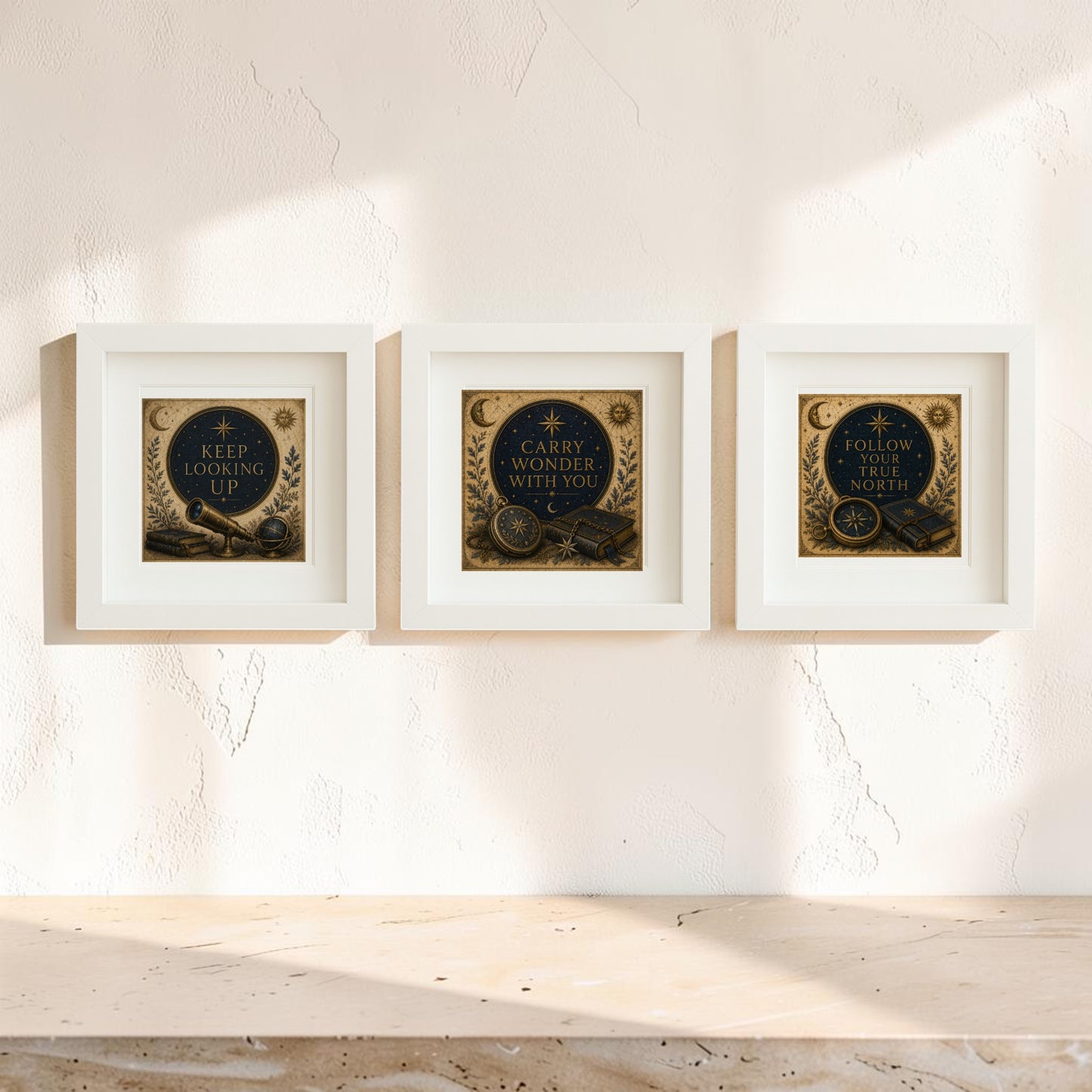 A trio of framed canvas art prints from the “Guided by the Stars | Mirabilia Relics” collection by Mirabilia Boutique adorns a light wall, each featuring inspirational nautical-themed quotes—“Keep looking up,” “Carry wonder with you,” and “Follow true north”—alongside compasses, stars, and botanical accents, creating a celestial display ideal for collectible keepsakes.